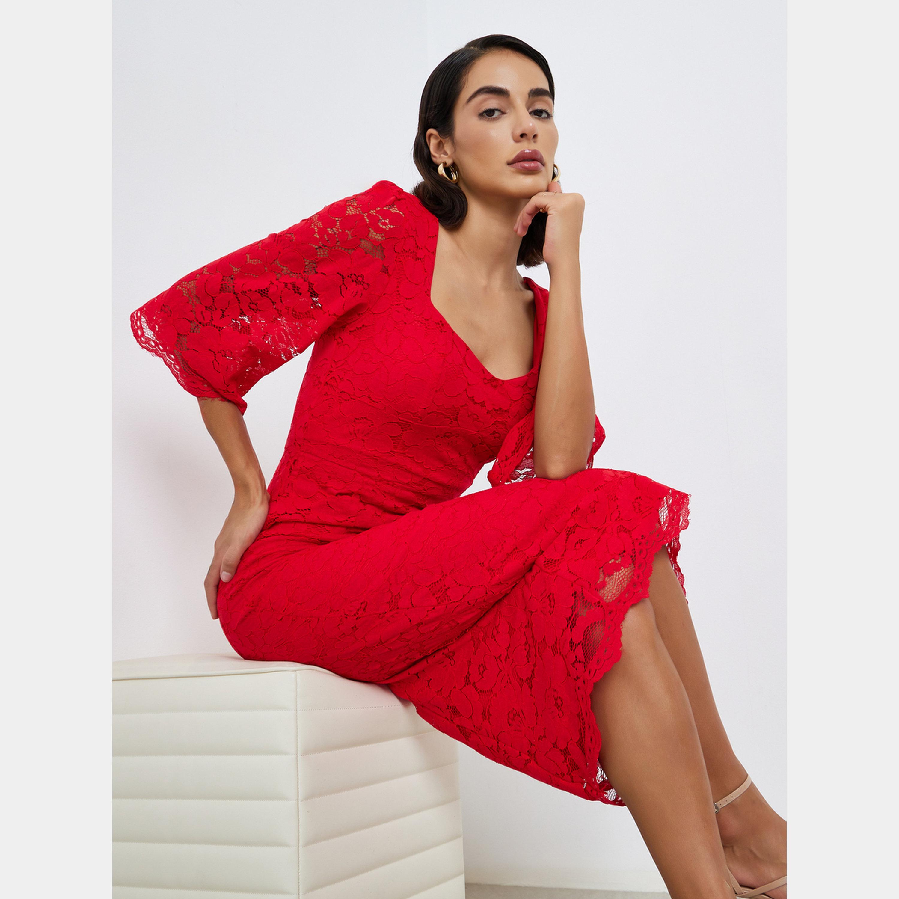 Styli Red Lace Overlay Square Neck Puff Sleeves Women's Sheath Midi Dress-women-clothing-dresses-image-2