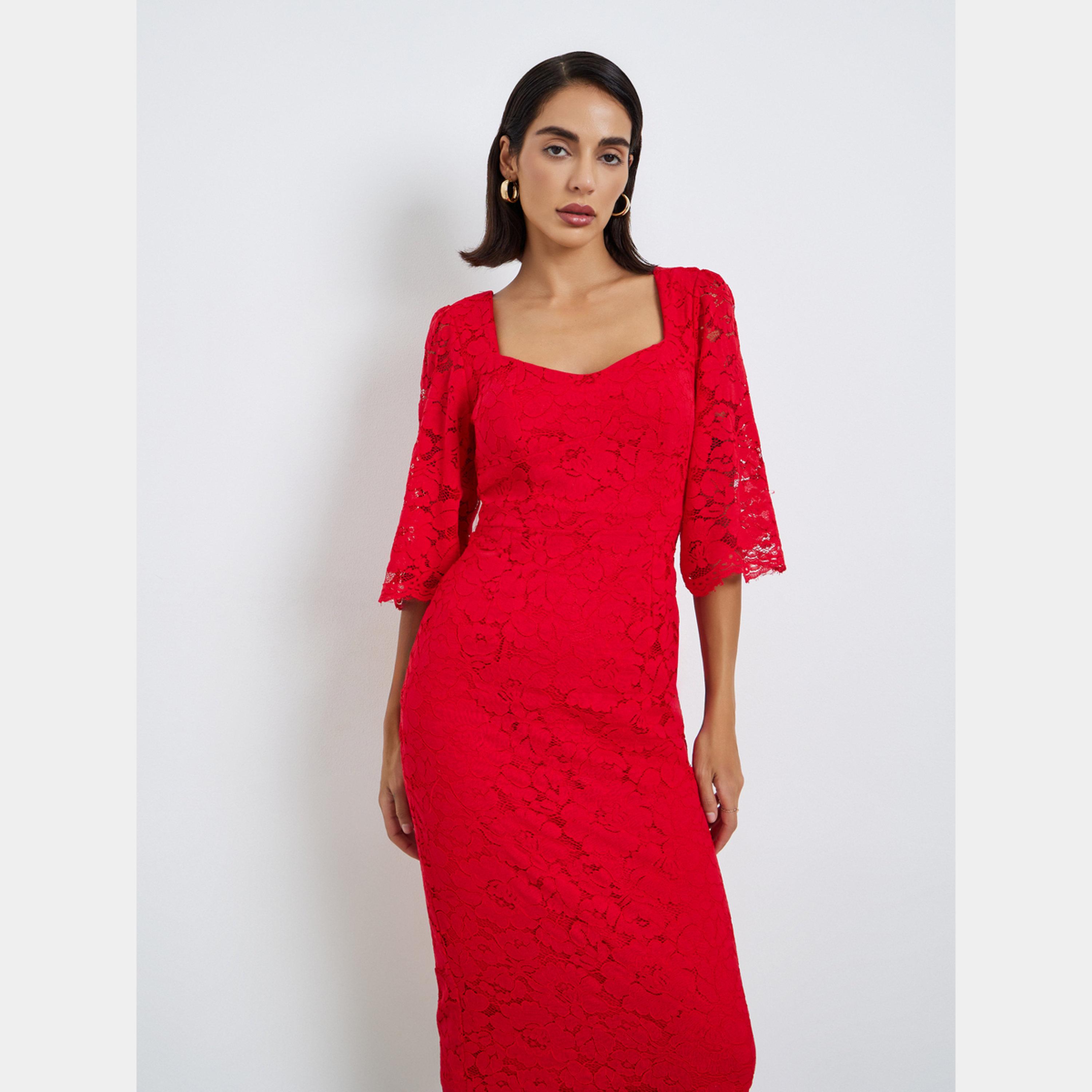 Styli Red Lace Overlay Square Neck Puff Sleeves Women's Sheath Midi Dress-women-clothing-dresses-image-3