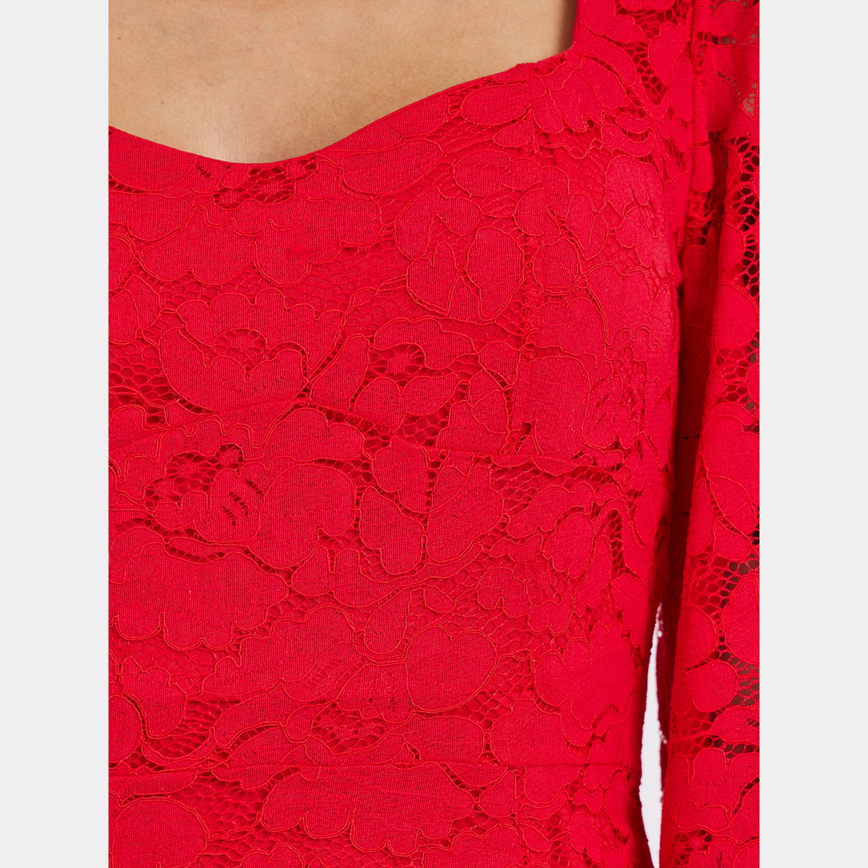 Styli Red Lace Overlay Square Neck Puff Sleeves Women's Sheath Midi Dress-women-clothing-dresses-image-4