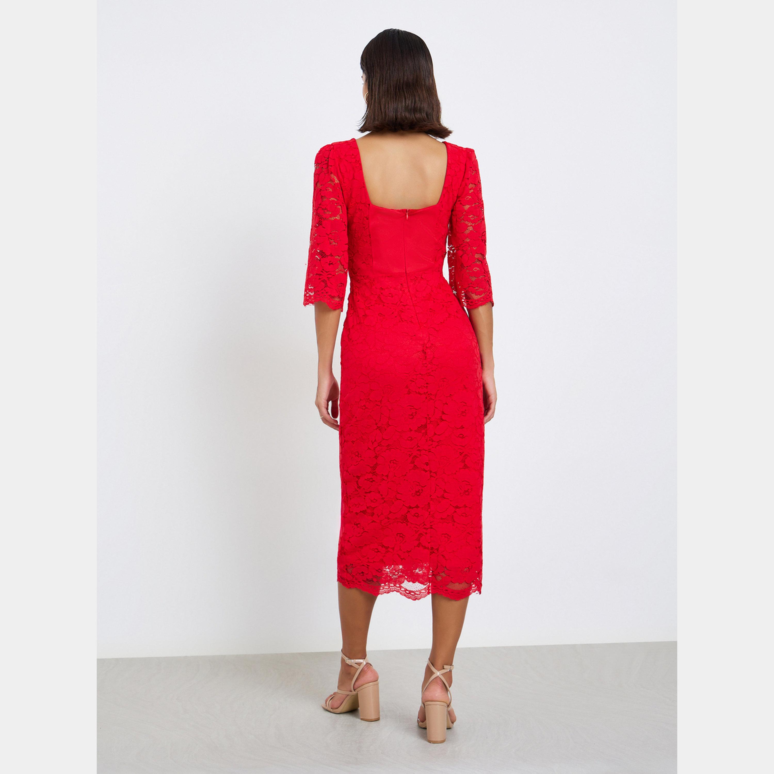 Styli Red Lace Overlay Square Neck Puff Sleeves Women's Sheath Midi Dress-women-clothing-dresses-image-5