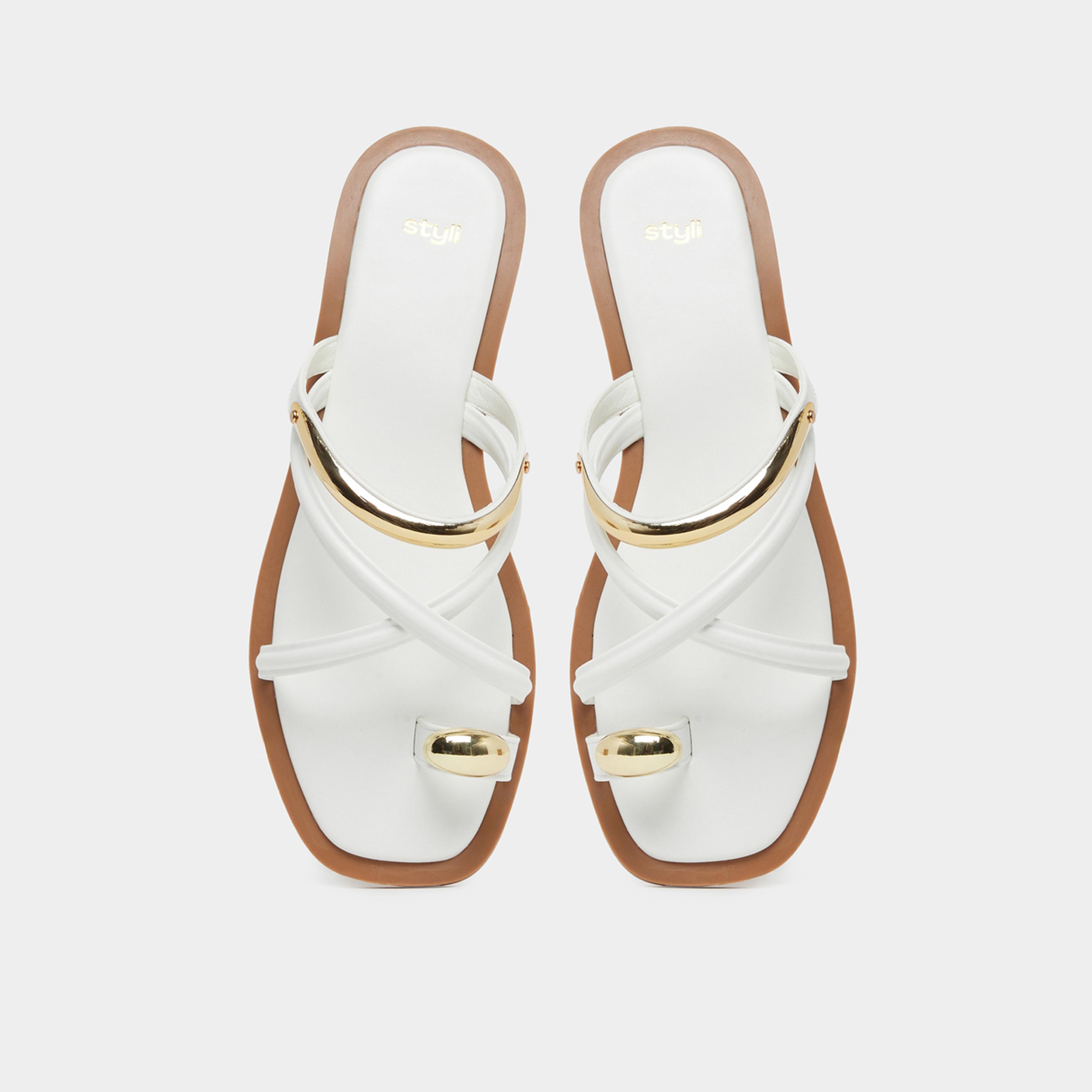 Styli Womens White Toe Ring Flat Sandals-women-shoes-sandals-flats-image-3