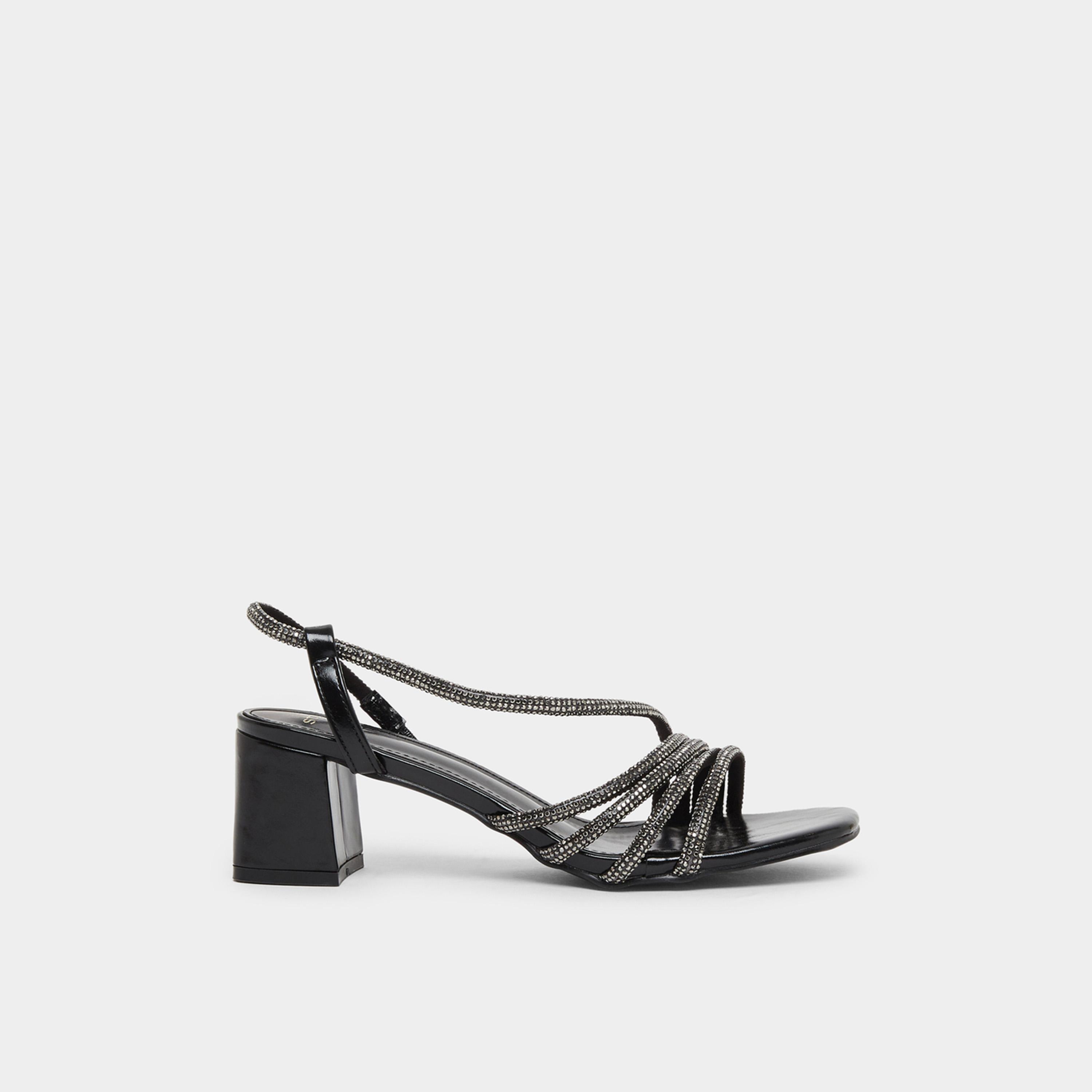 ستايلي - صندل نسائي أسود بكعب منخفض وأشرطة مرصعة بأحجار الراين-women-shoes-sandals-flats-image-2