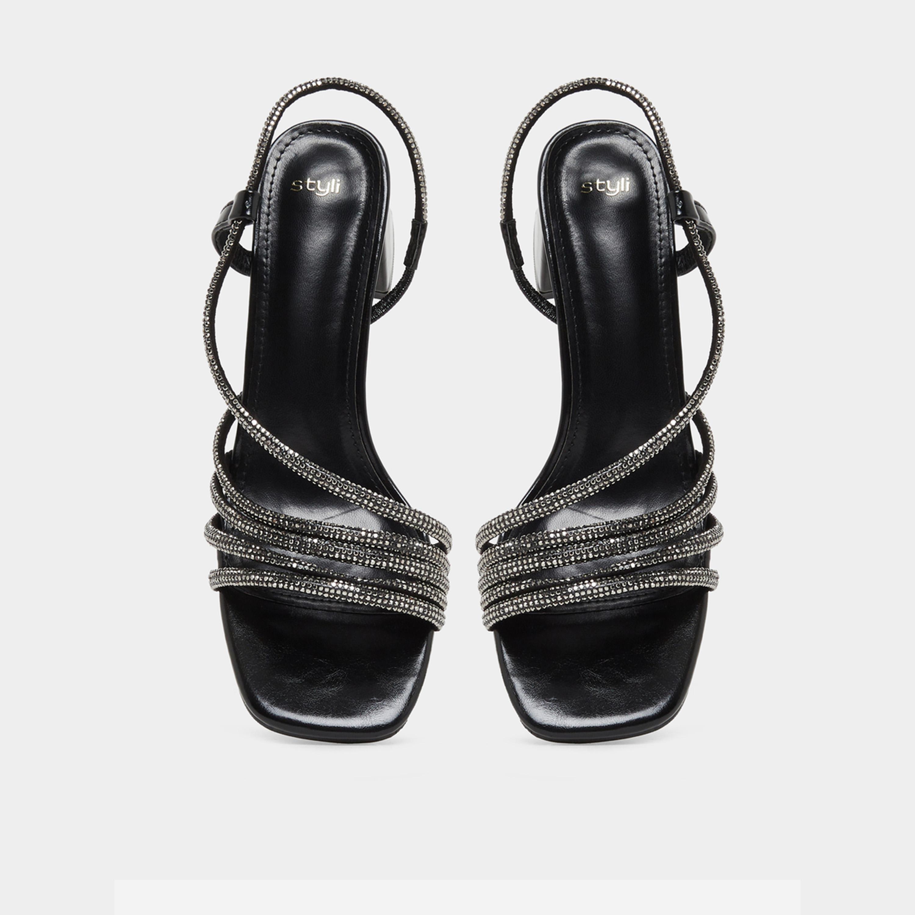 Styli Womens Black Rhinestone Strappy Low Heel Sandals-women-shoes-sandals-flats-image-3