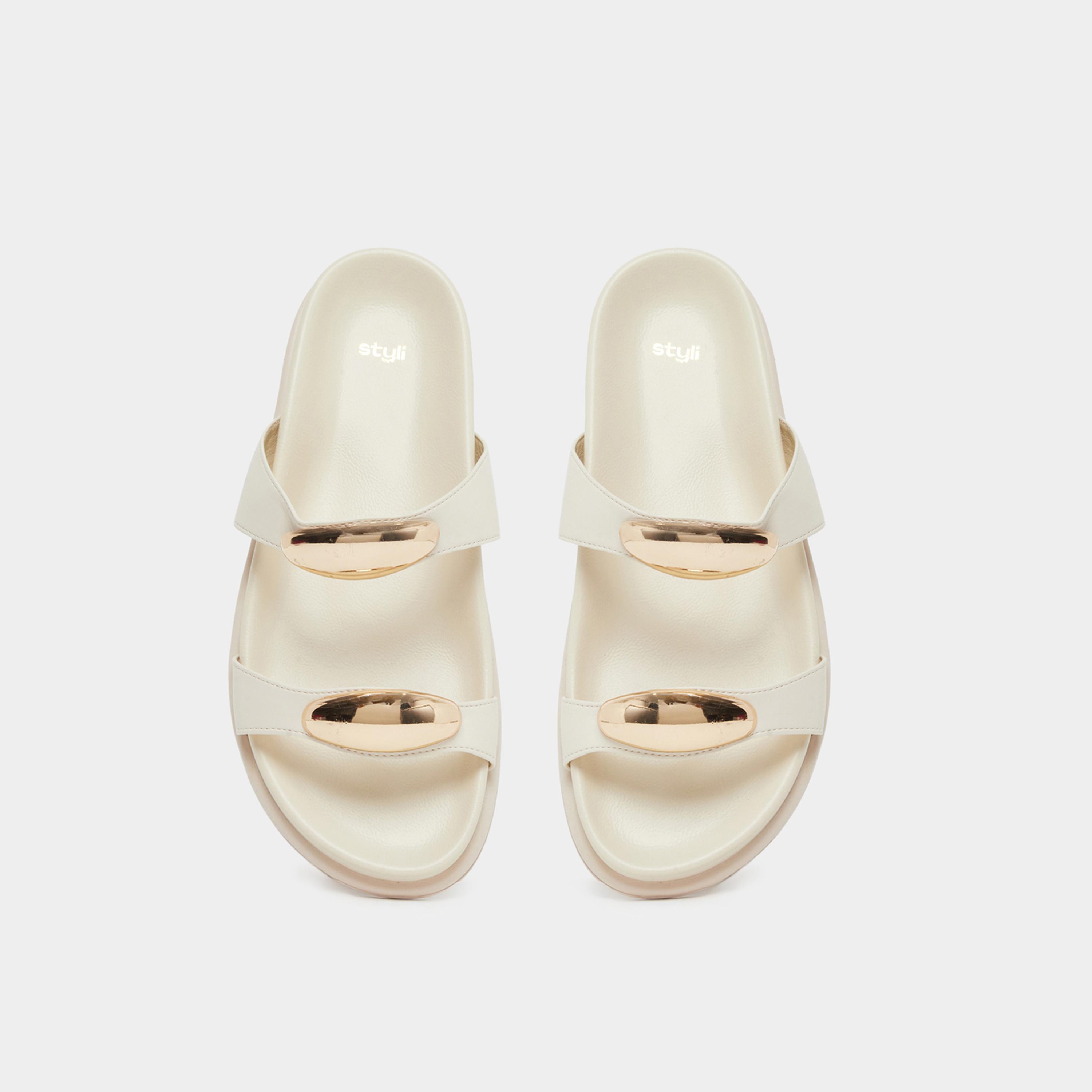 ستايلي - صندل بحزام معدني باللون البيج للنساء-women-shoes-sandals-flats-image-6