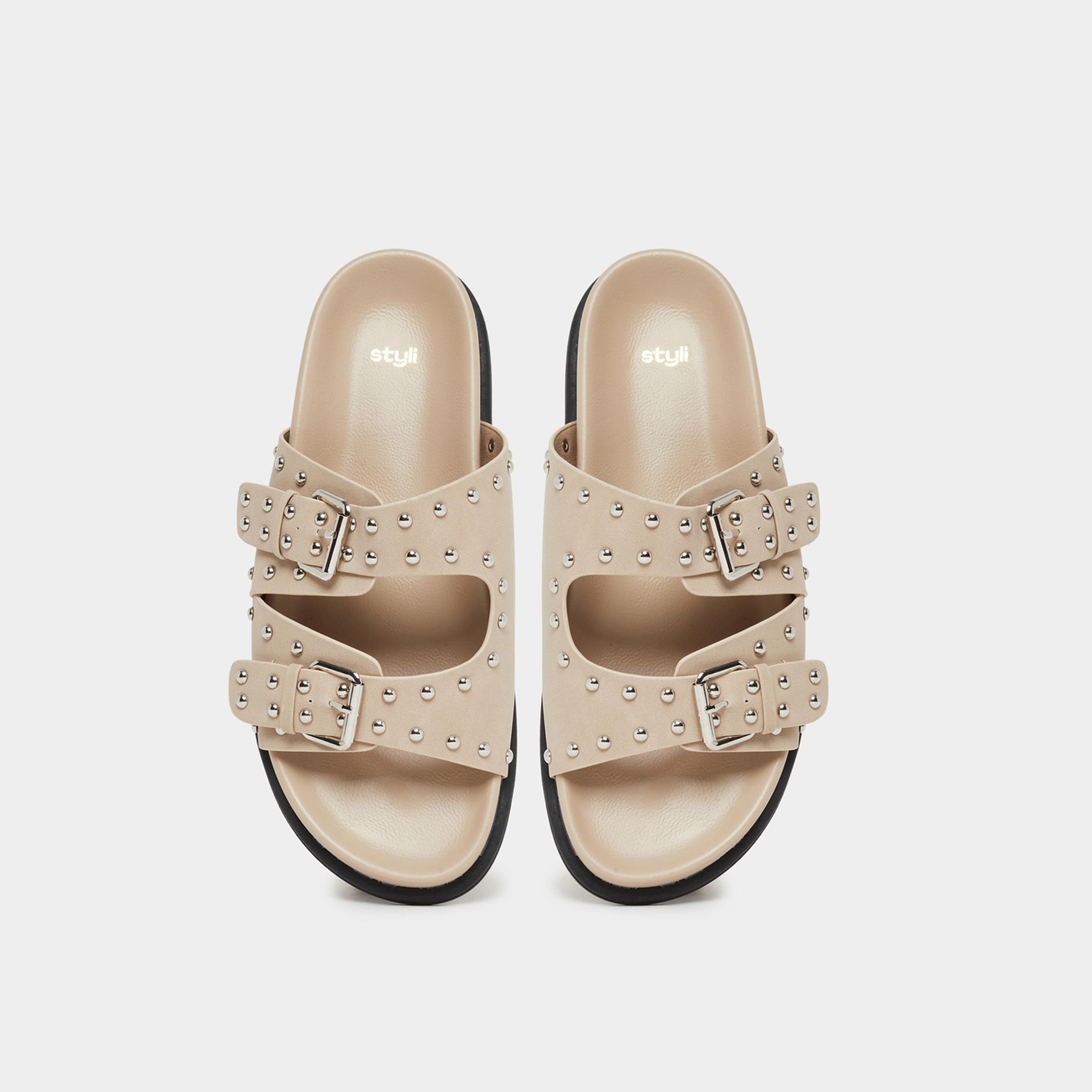 ستايلي - صندل بني مرصع بحزام مشبك للنساء-women-shoes-sandals-flats-image-6