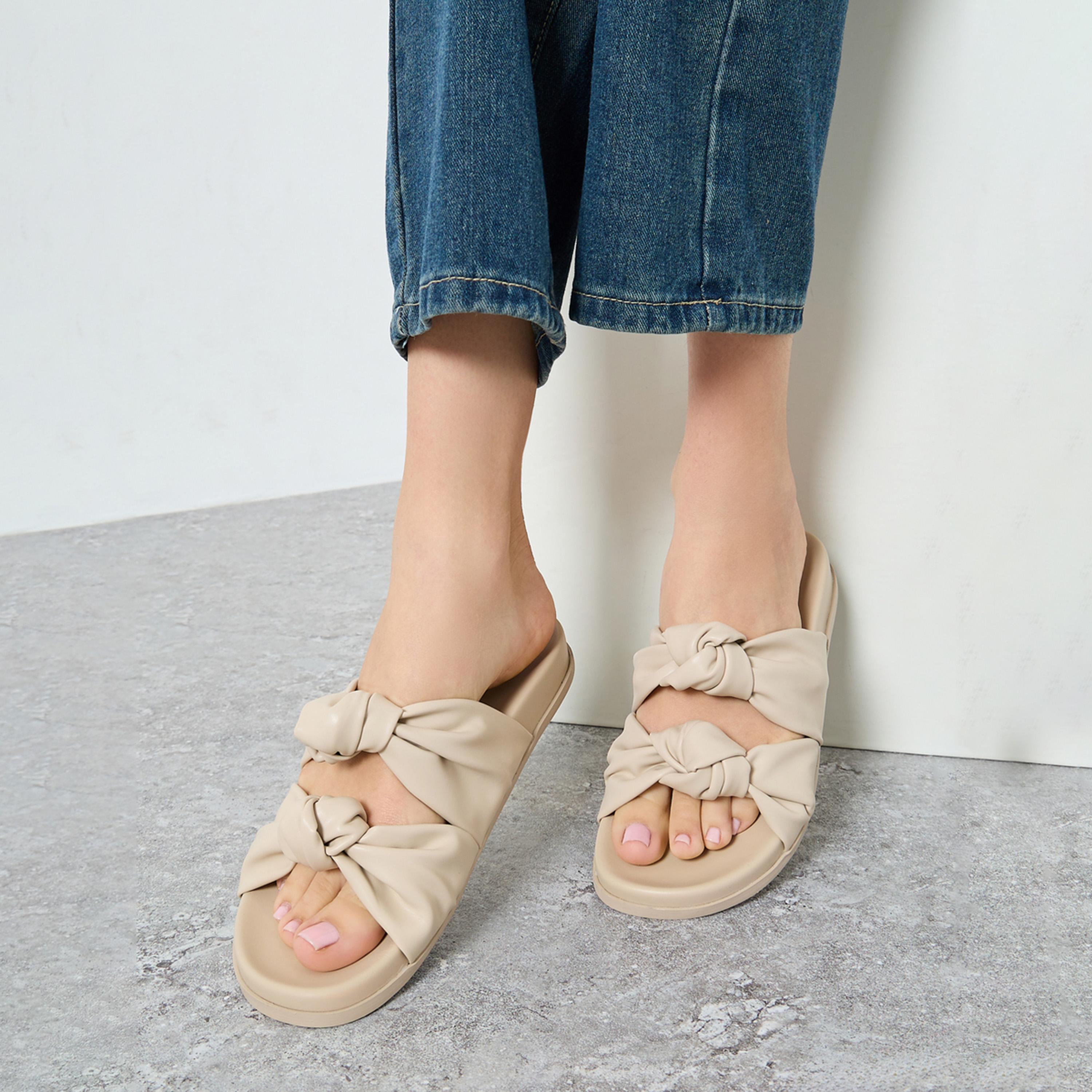 Styli Women Beige Double Knot Detail Sandals-women-shoes-sandals-flats-image-2