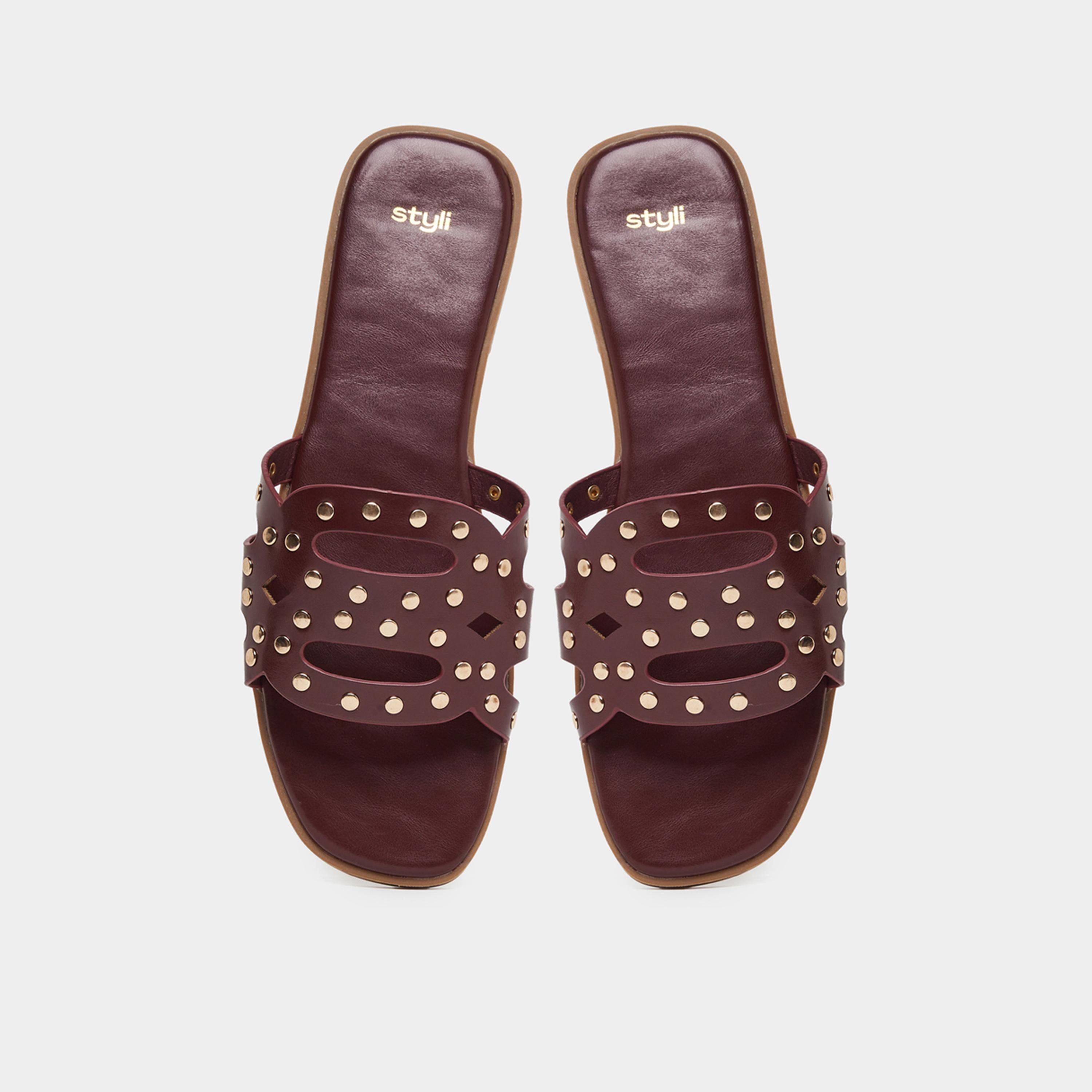 Styli Womens Burgundy Studded Flat Sandals-women-shoes-flats-slides-image-3