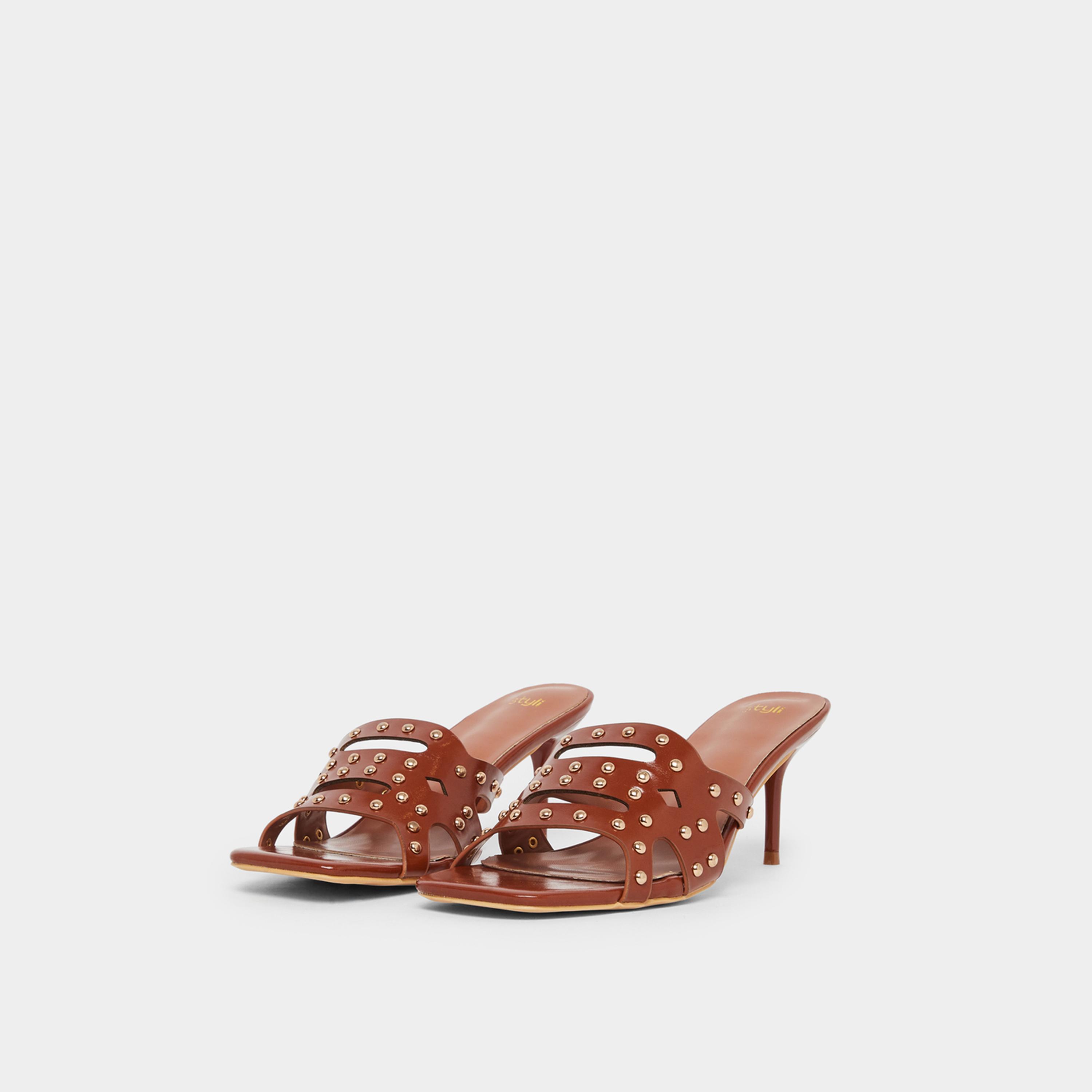 ستايلي - صندل بكعب عالٍ مرصع باللون البني للنساء-women-shoes-sandals-heeled-image-1