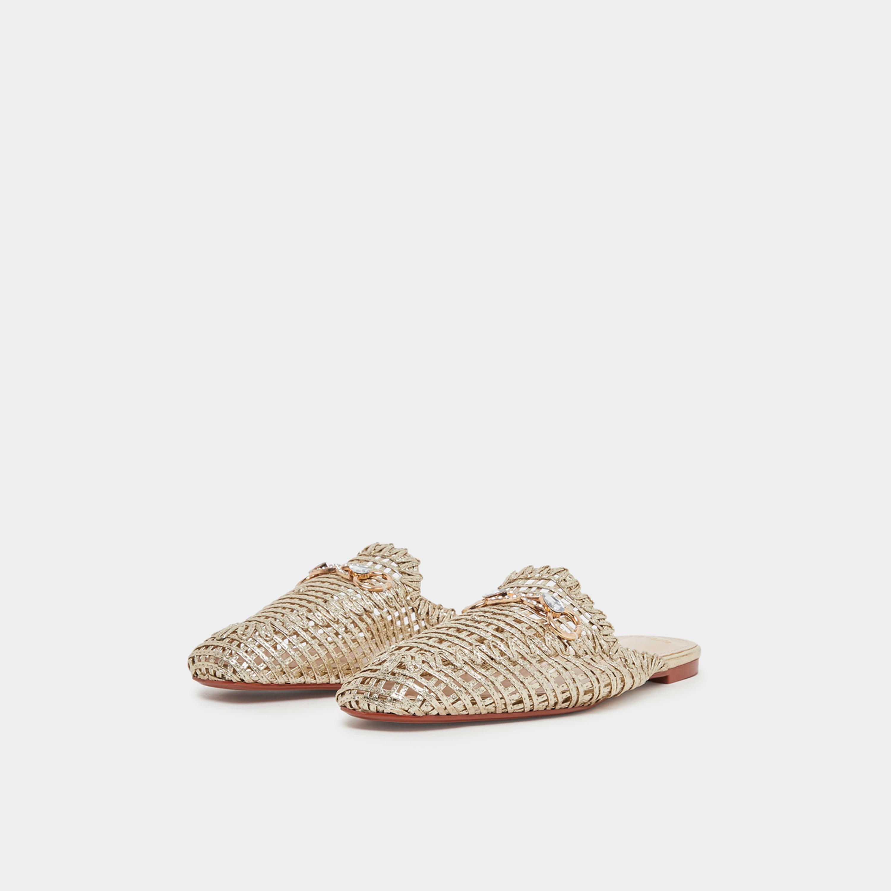 Styli Womens Gold Woven Mule Loafers-women-shoes-flats-mules-image-1