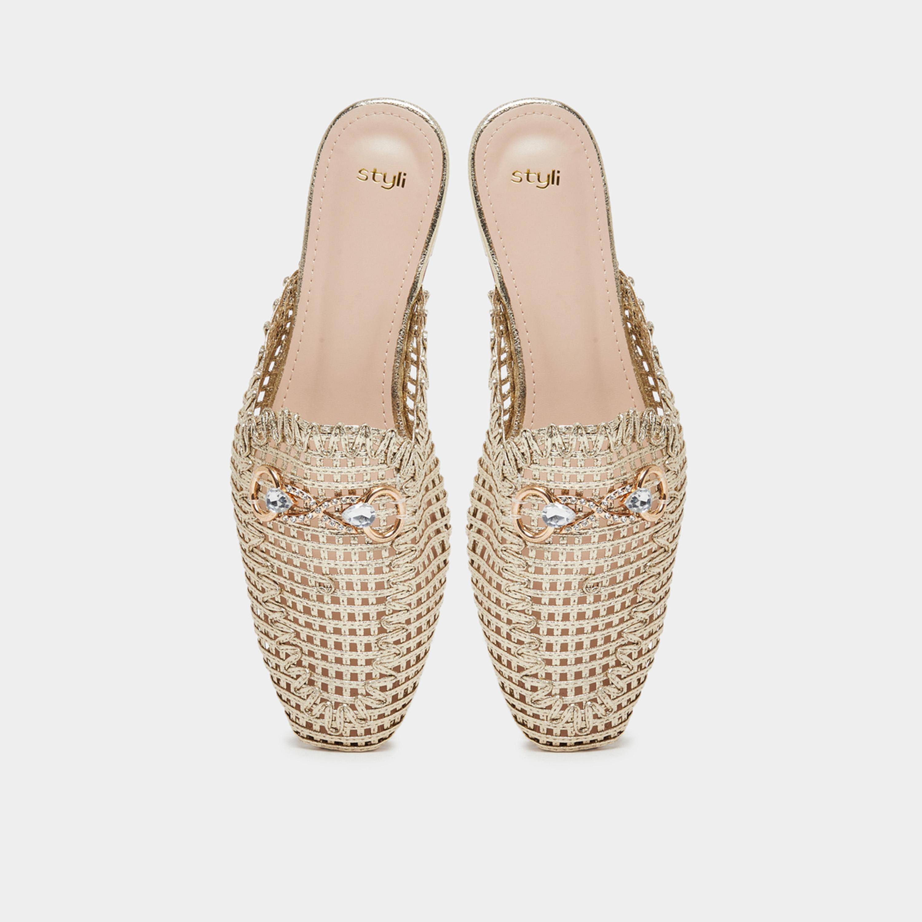 Styli Womens Gold Woven Mule Loafers-women-shoes-flats-mules-image-3