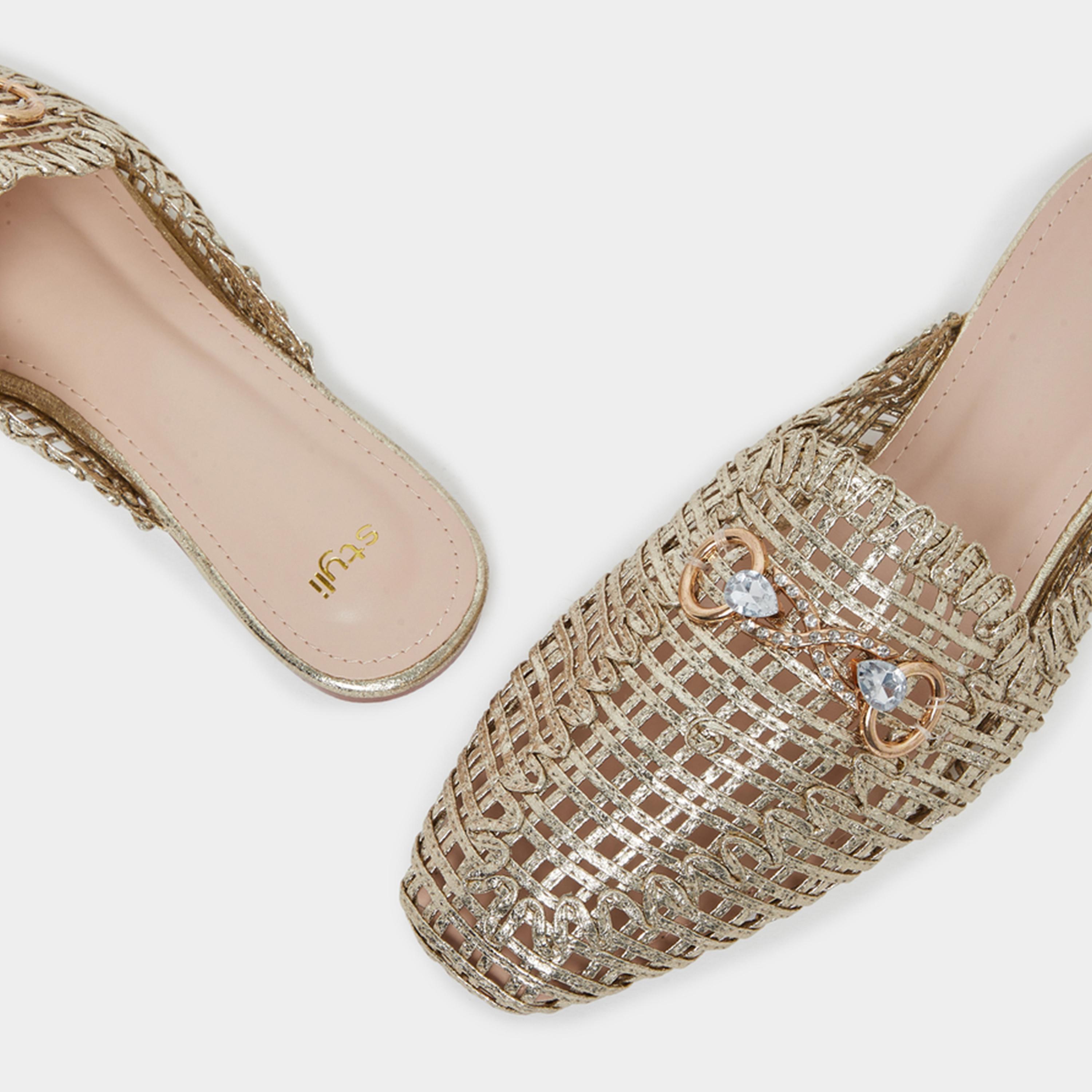 Styli Womens Gold Woven Mule Loafers-women-shoes-flats-mules-image-4