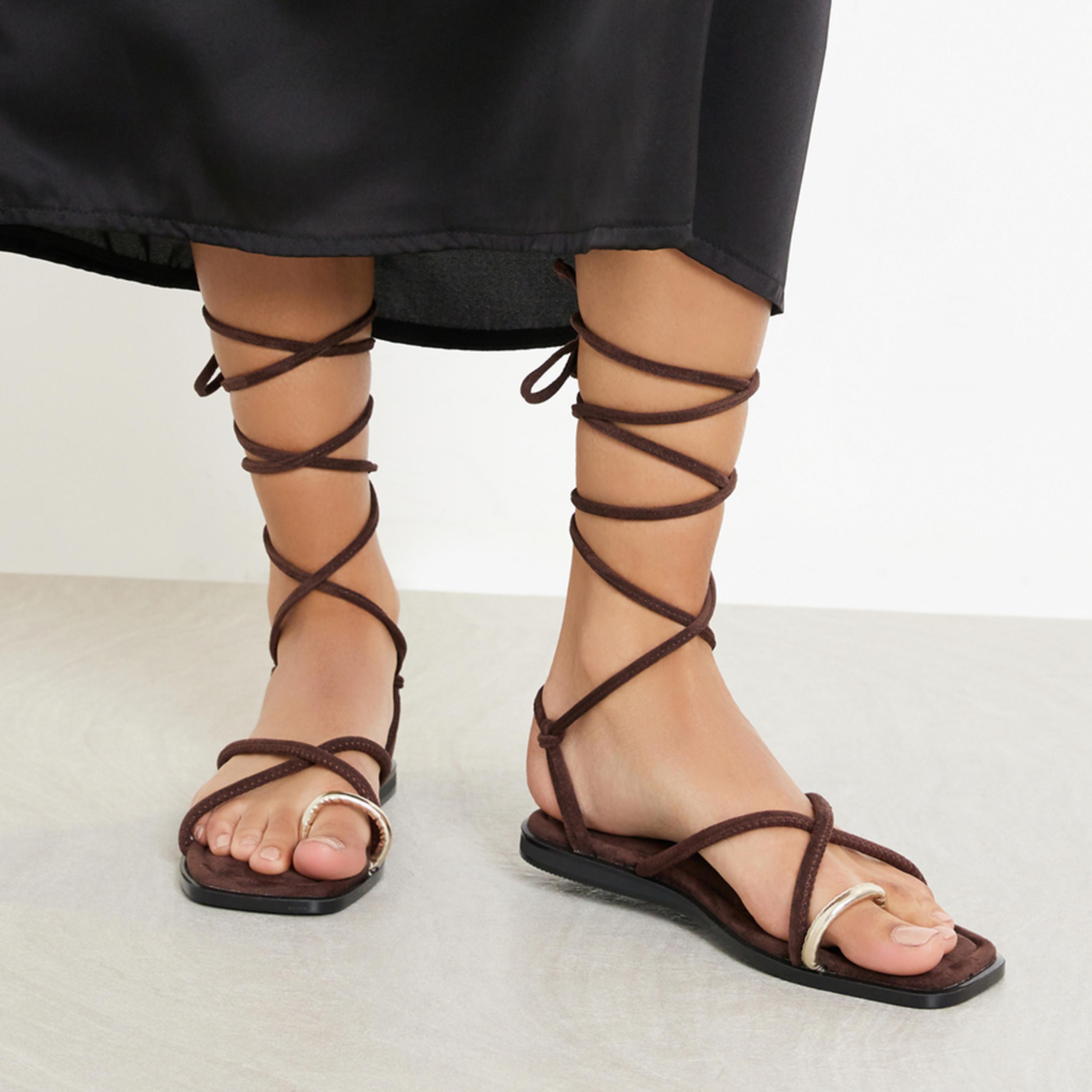 Styli Women Brown Tie-Wrap Toe Post Flat Sandals-women-shoes-sandals-flats-image-2