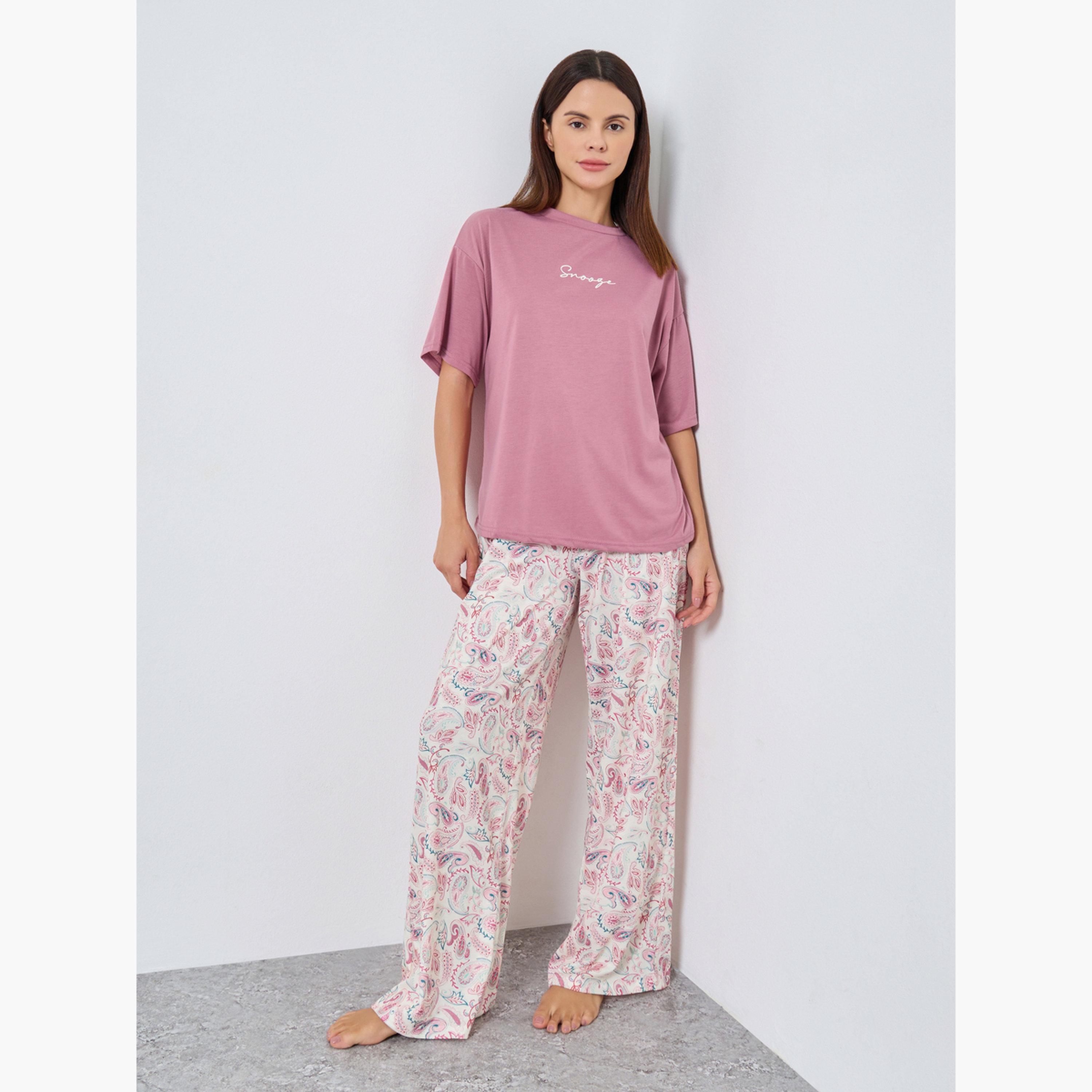 ستايلي - بيجاما نقشة شعار وقميص للنساء-women-clothing-nightwear-pyjamas-longsets-image-1