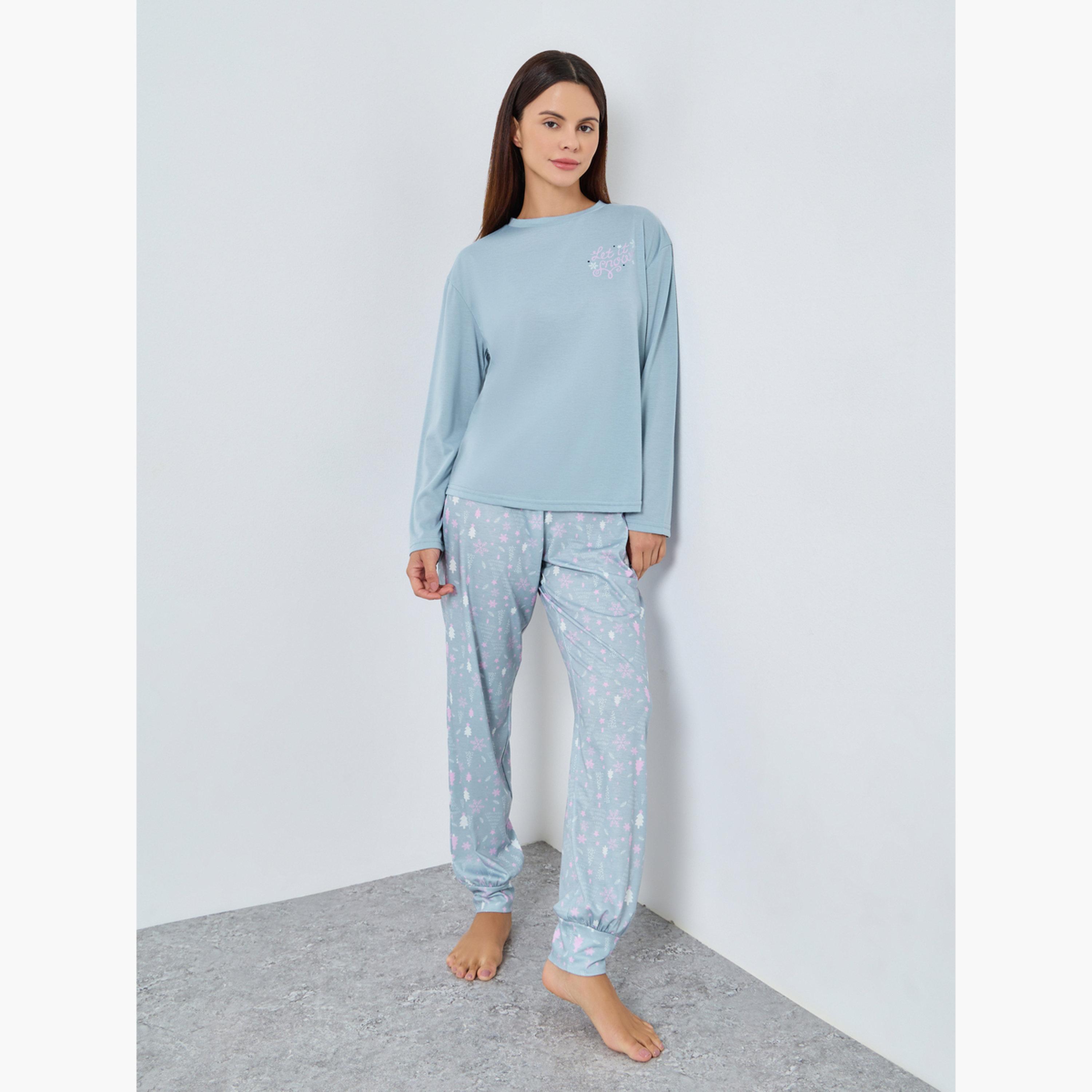 ستايلي - بيجاما بأكمام طويلة وشعار طبعة شعار شتوي للنساء-women-clothing-nightwear-pyjamas-longsets-image-1