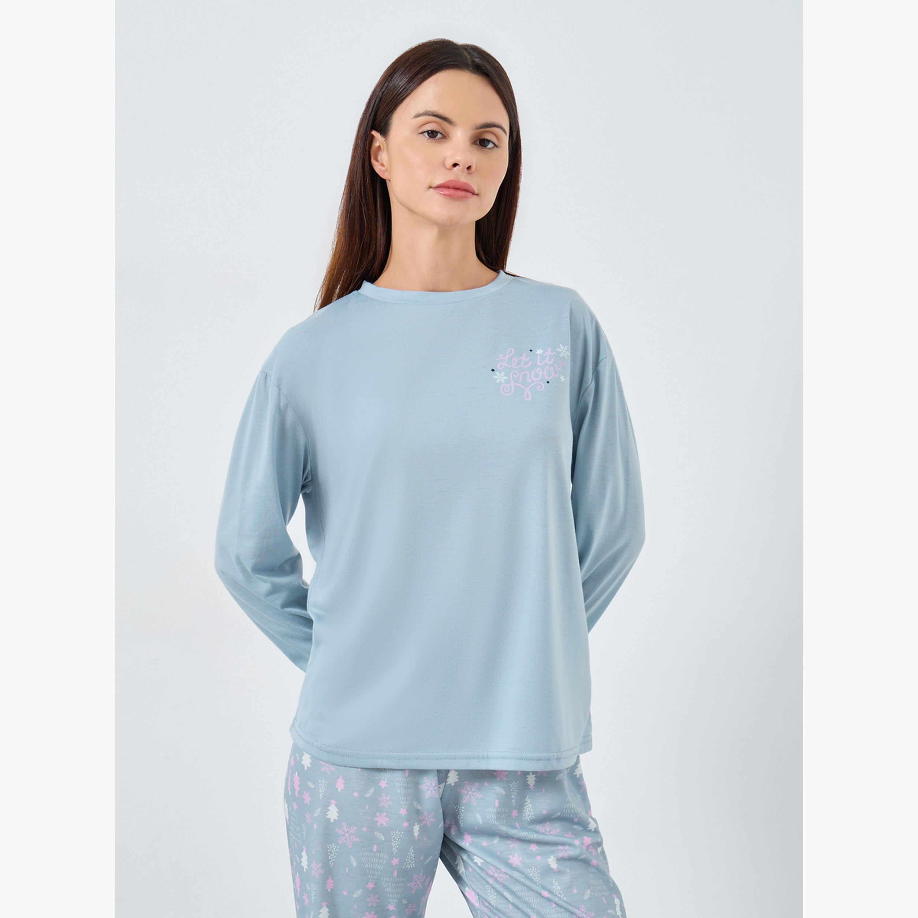 ستايلي - بيجاما بأكمام طويلة وشعار طبعة شعار شتوي للنساء-women-clothing-nightwear-pyjamas-longsets-image-2