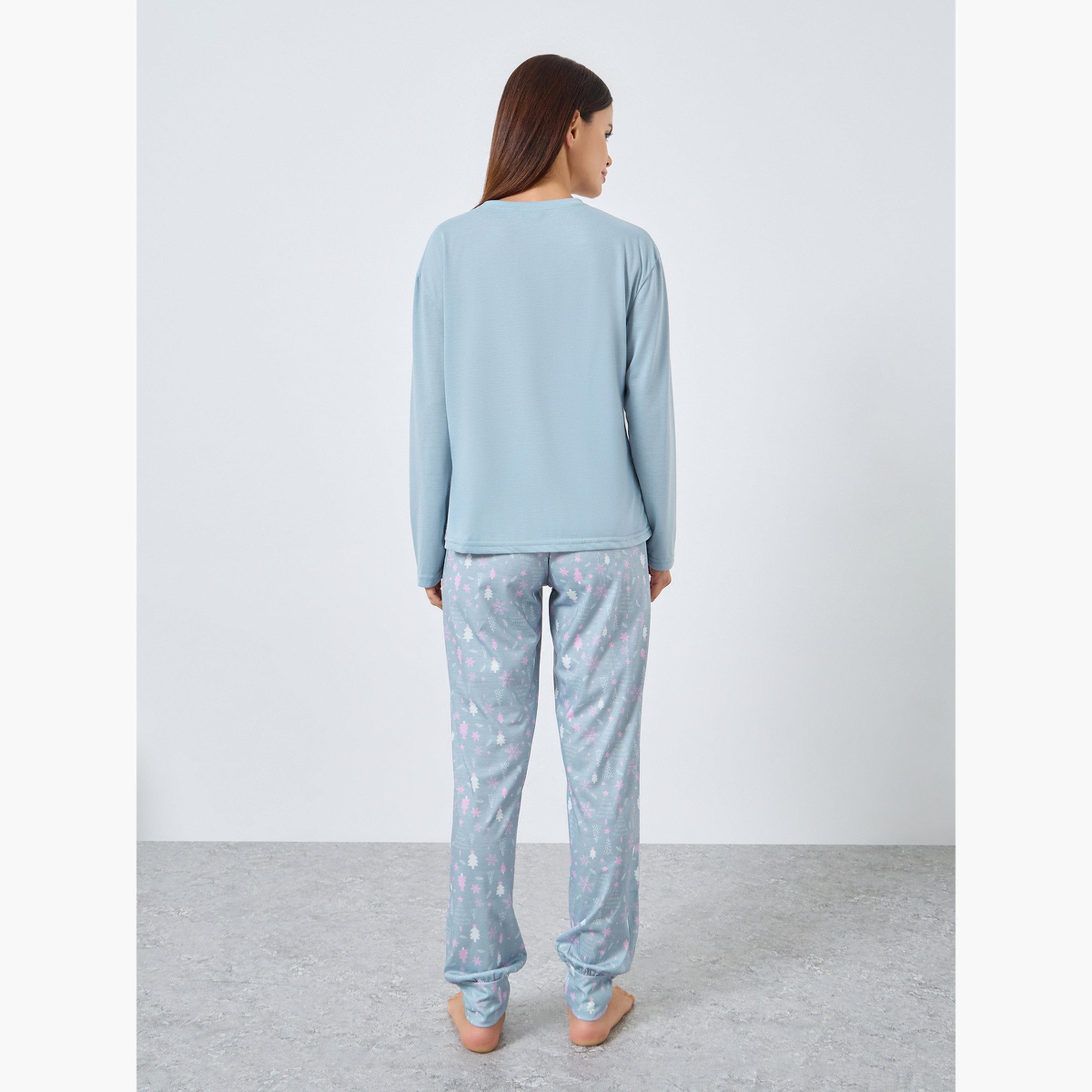 Styli Women Slogan Long Sleeve T-Shirt and Winter Print Cuffed Pyjama Set-women-clothing-nightwear-pyjamas-longsets-image-3
