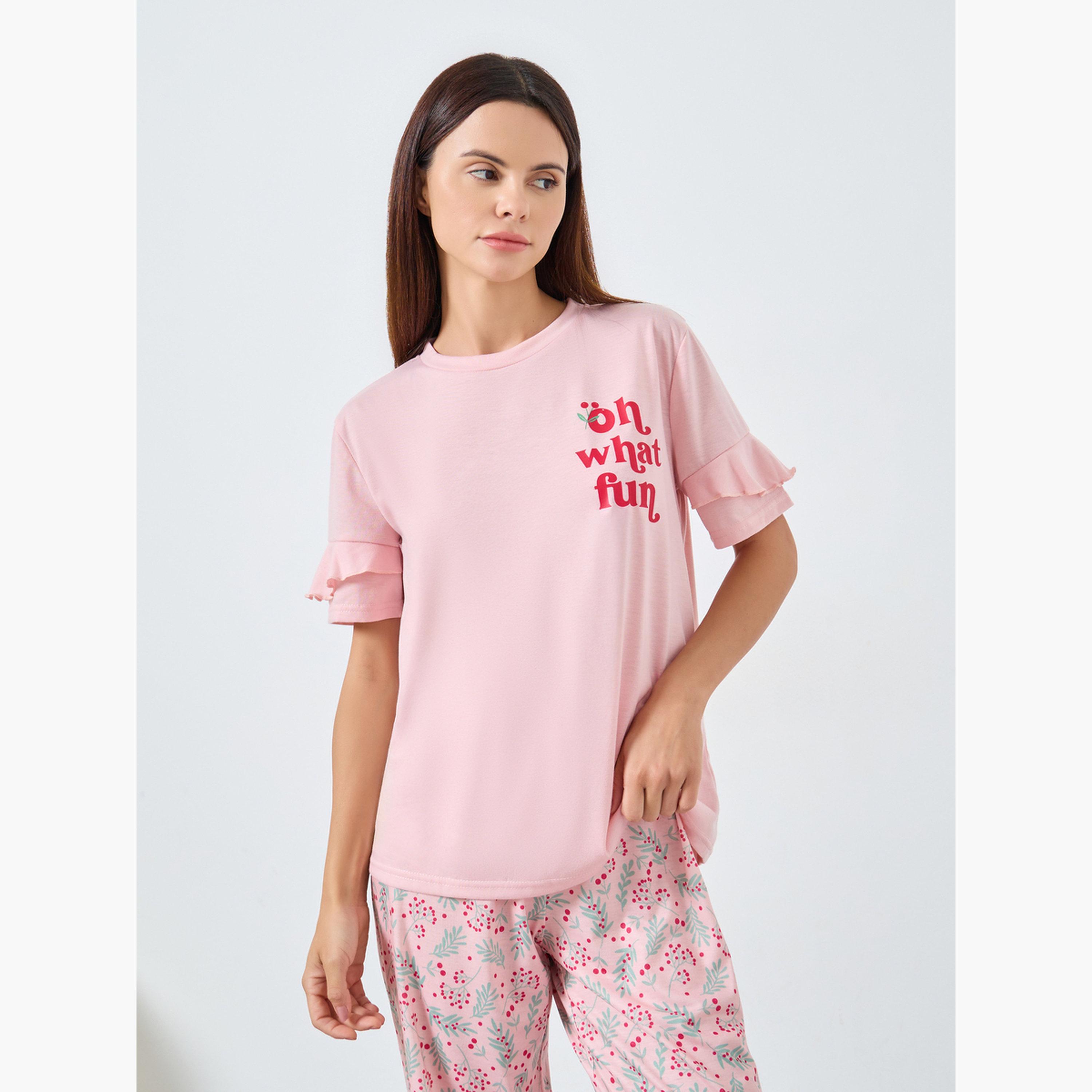 Styli Women Oh What Fun Ruffle Sleeve T-Shirt and Pyjama Set-women-clothing-nightwear-pyjamas-longsets-image-2