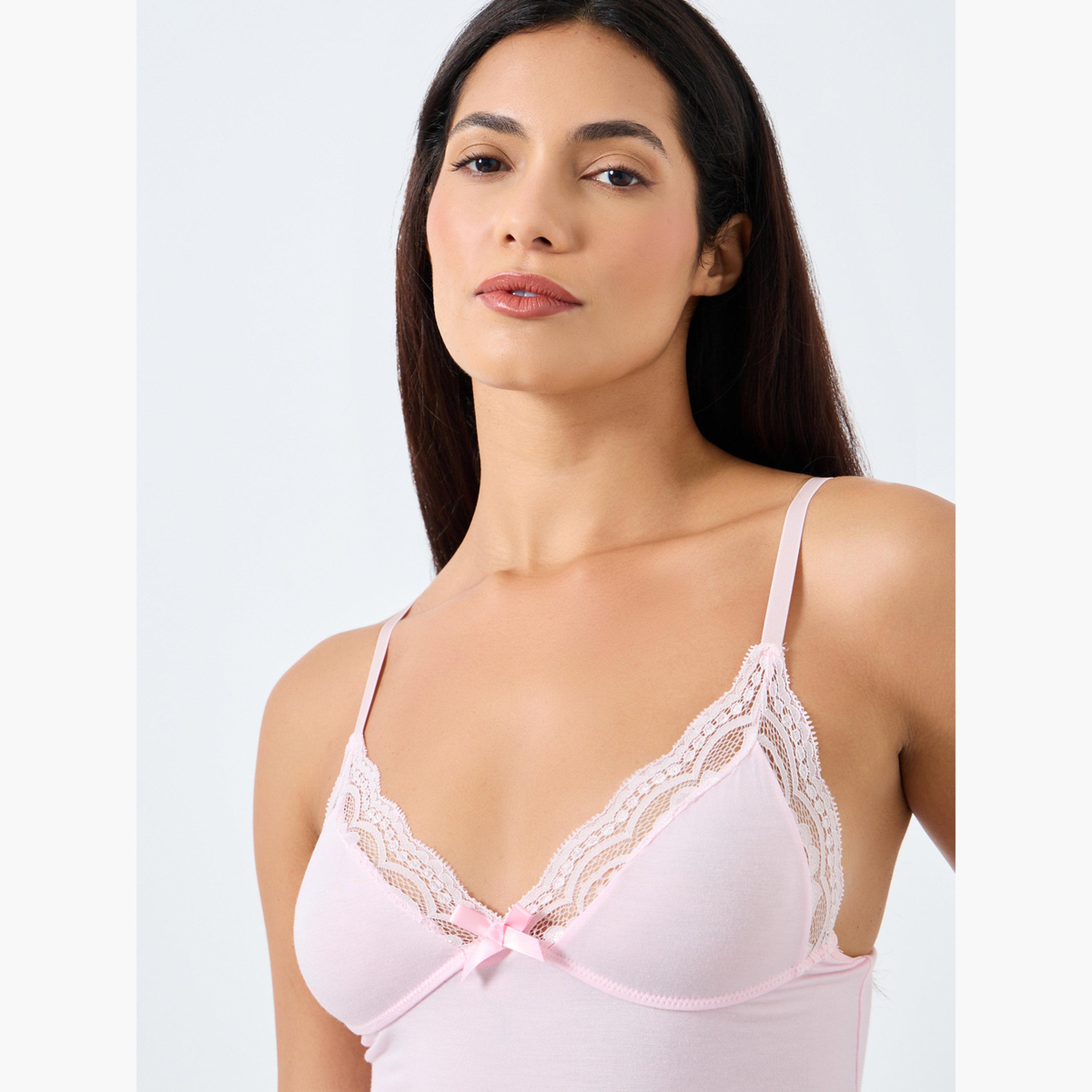 تيك تو - فستان قميص منزلق مع فيونكة وحواف دانتيل سادة-women-clothing-lingerie-babydollsandbodysuits-image-3
