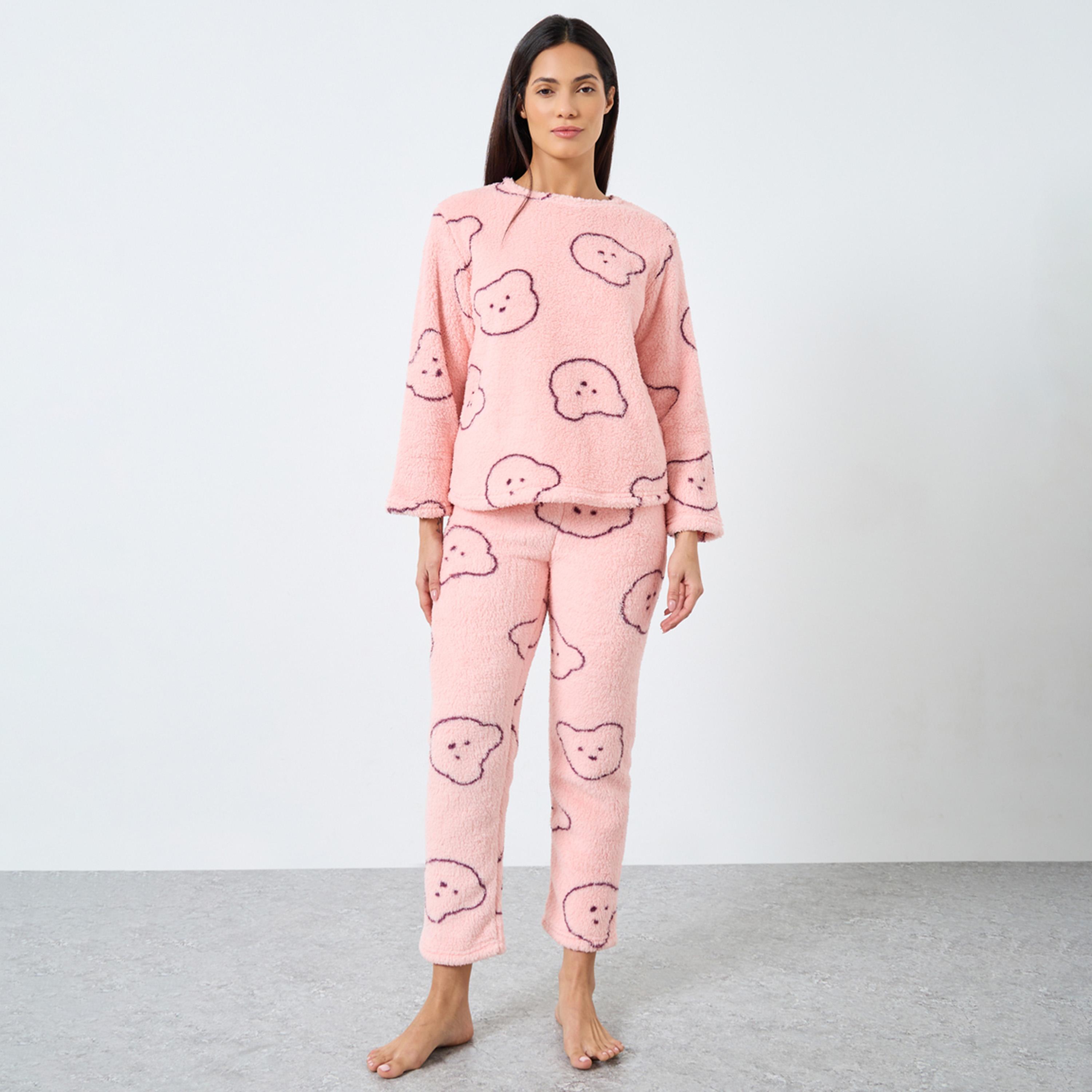 Take Two Bear Print Fleece Top and Pyjama Set-women-clothing-nightwear-pyjamas-longsets-image-1