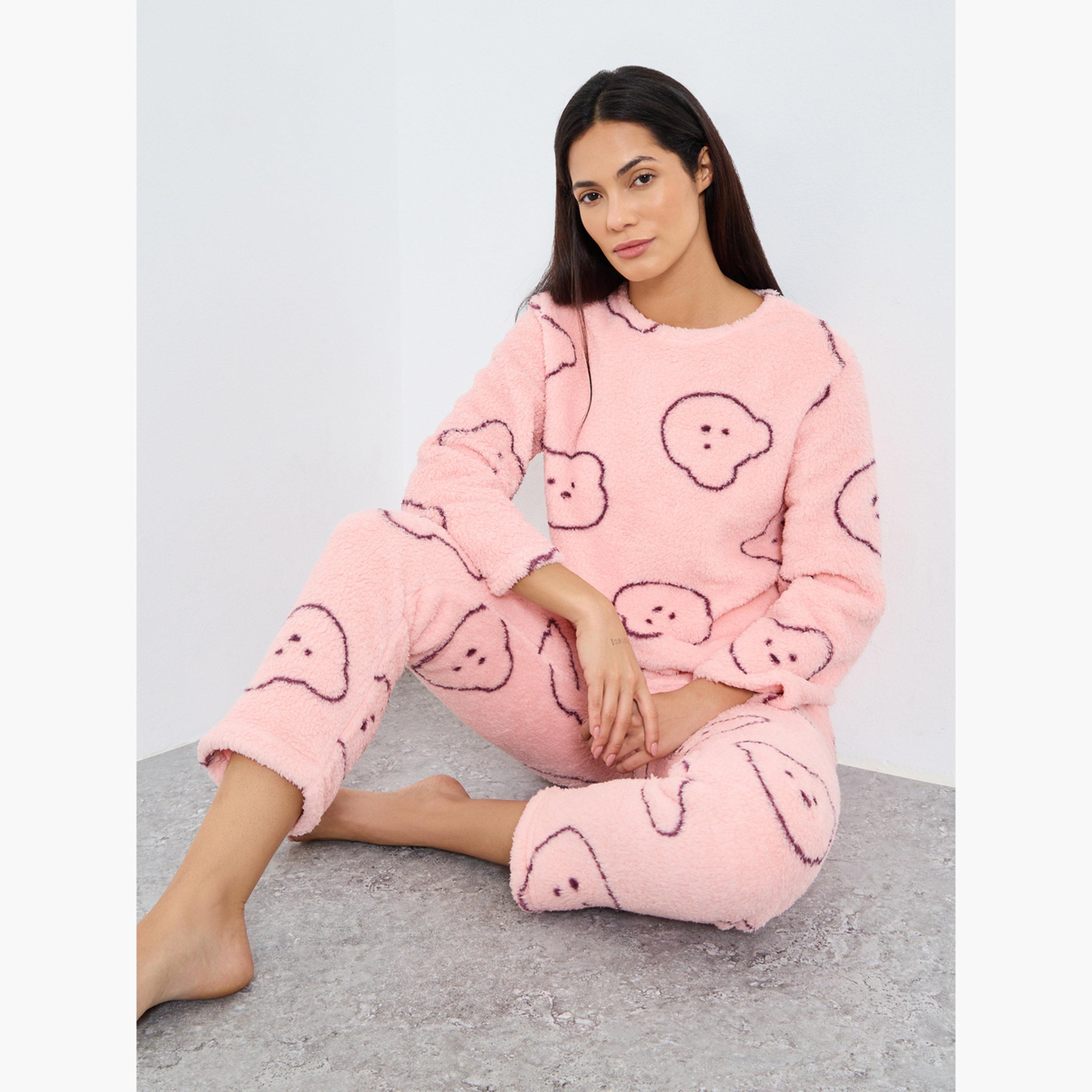Take Two Bear Print Fleece Top and Pyjama Set-women-clothing-nightwear-pyjamas-longsets-image-2