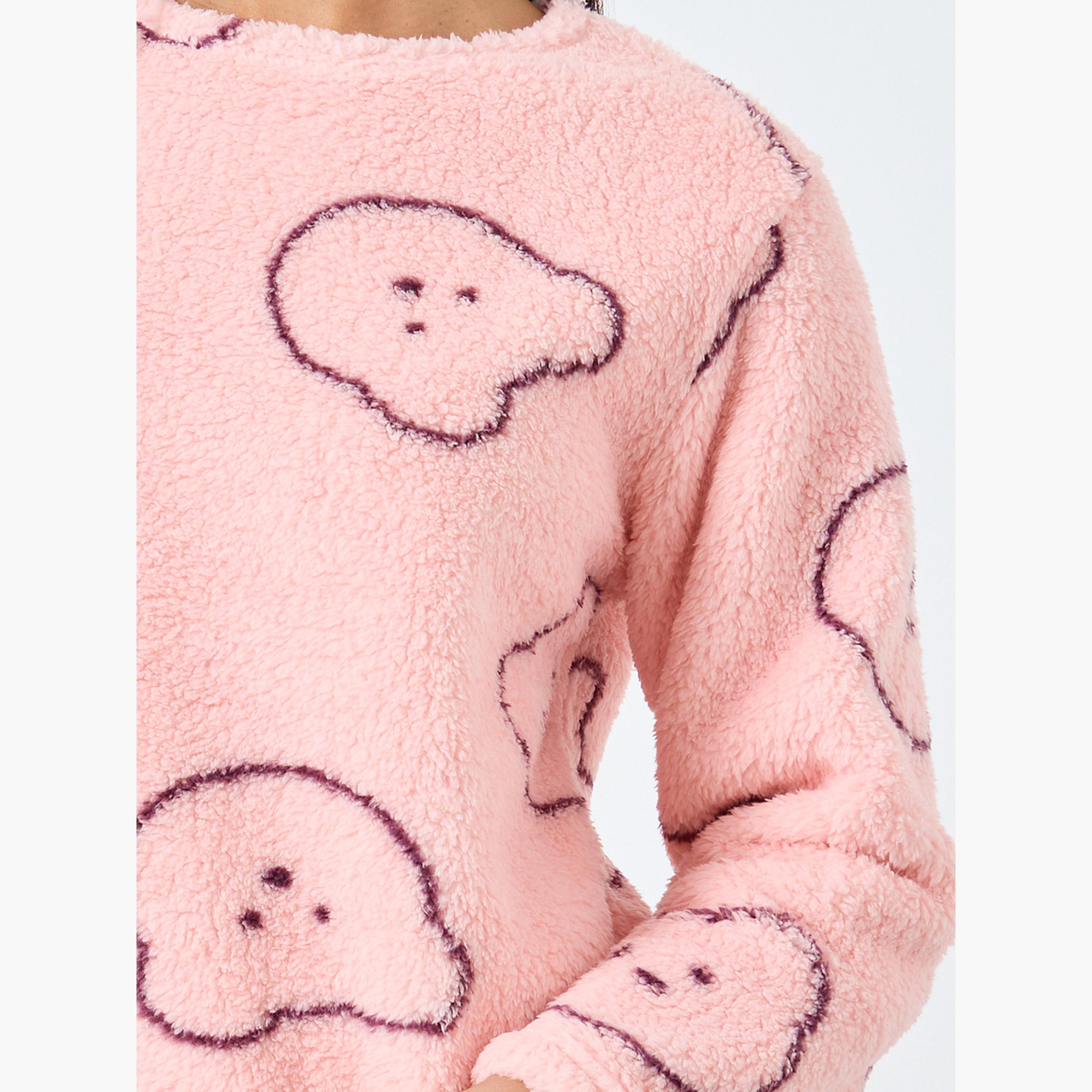 Take Two Bear Print Fleece Top and Pyjama Set-women-clothing-nightwear-pyjamas-longsets-image-4