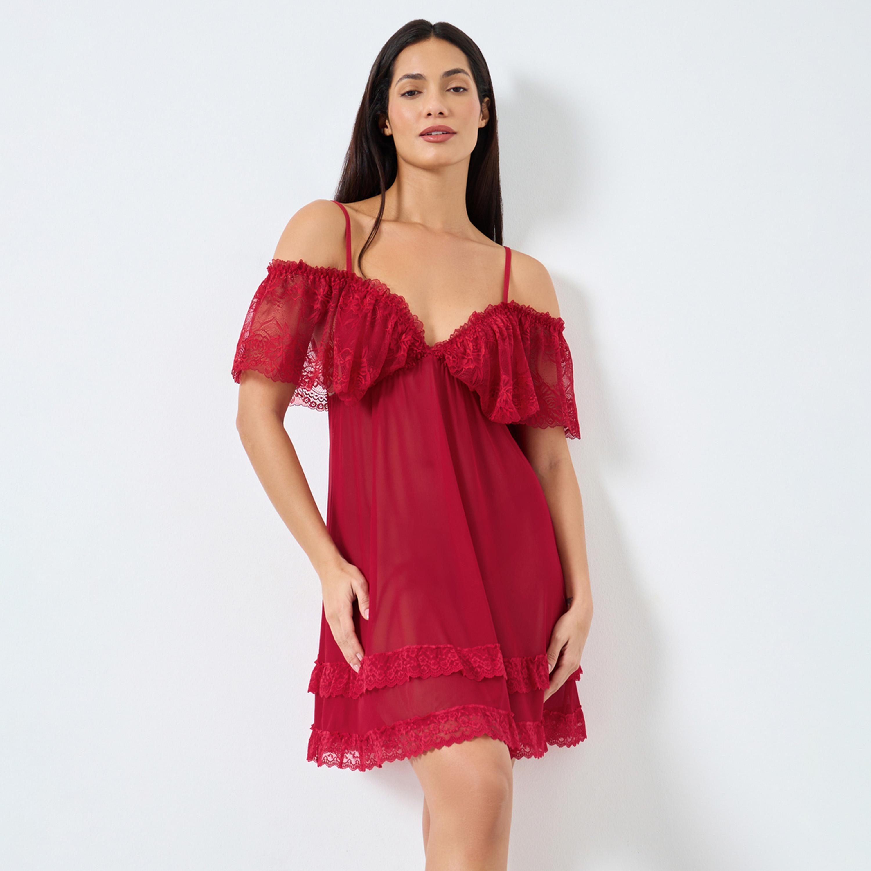تيك تو - فستان قميص منسدل بحافة دانتيل وكشكشة سادة-women-clothing-lingerie-babydollsandbodysuits-image-1