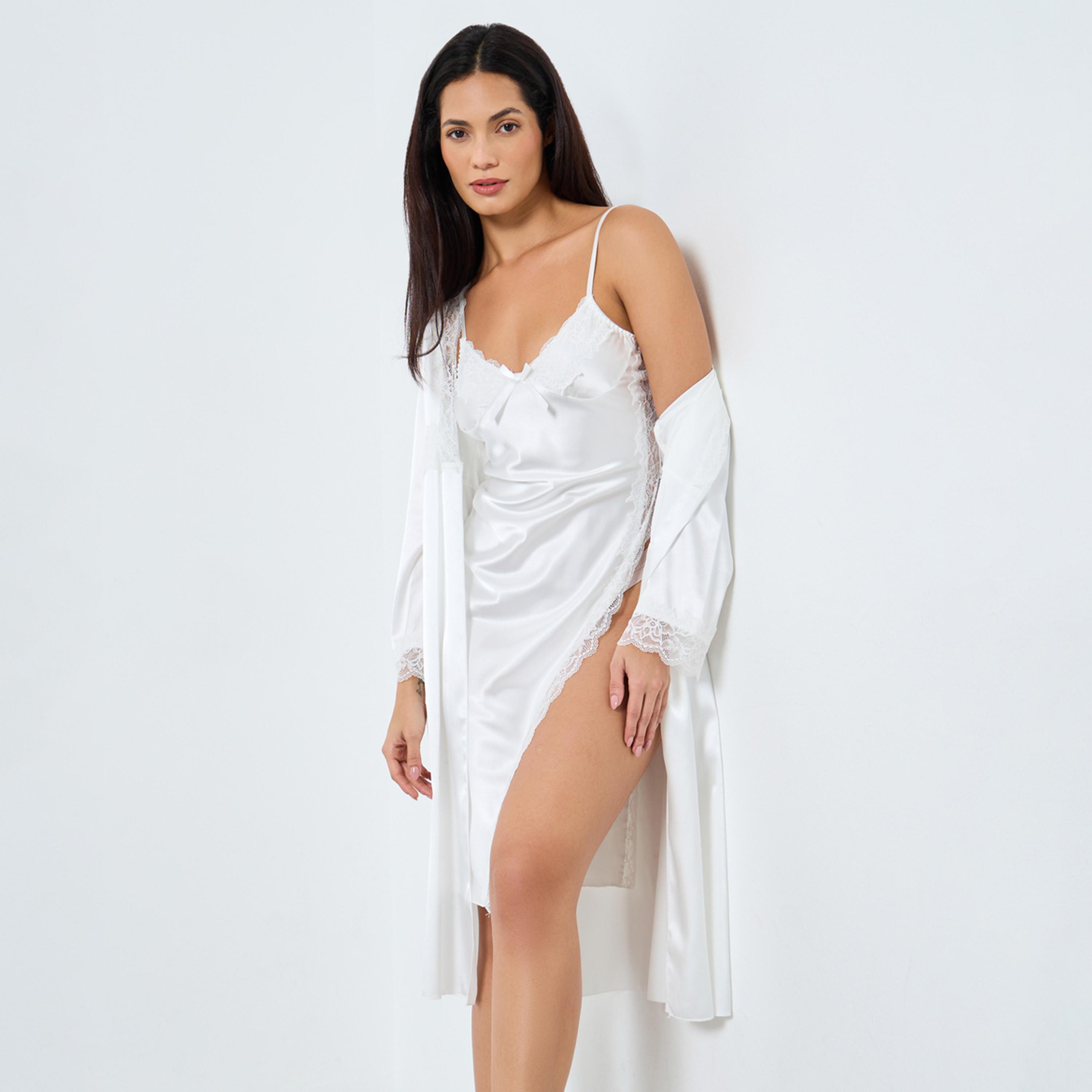 تيك تو - طقم فستان وروب بفتحة جانبية مزين بالدانتيل-women-clothing-lingerie-lingeriesets-image-1