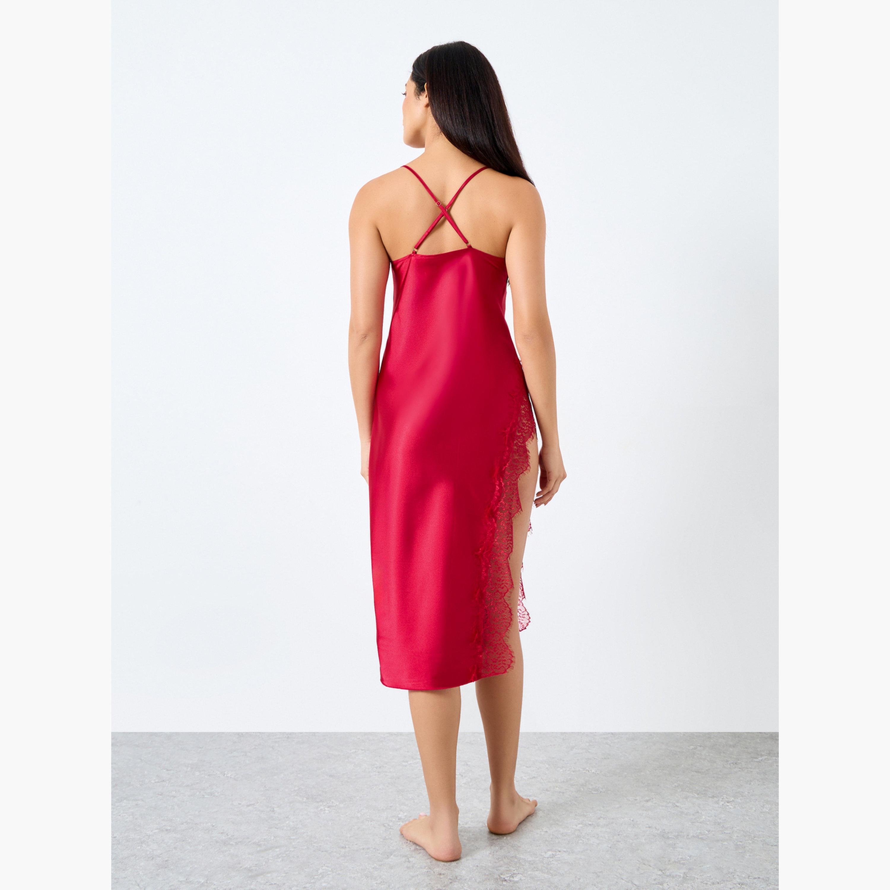 Take Two Solid Cowl Neck Lace Trim Cami Slip Dress-women-clothing-lingerie-babydollsandbodysuits-image-4