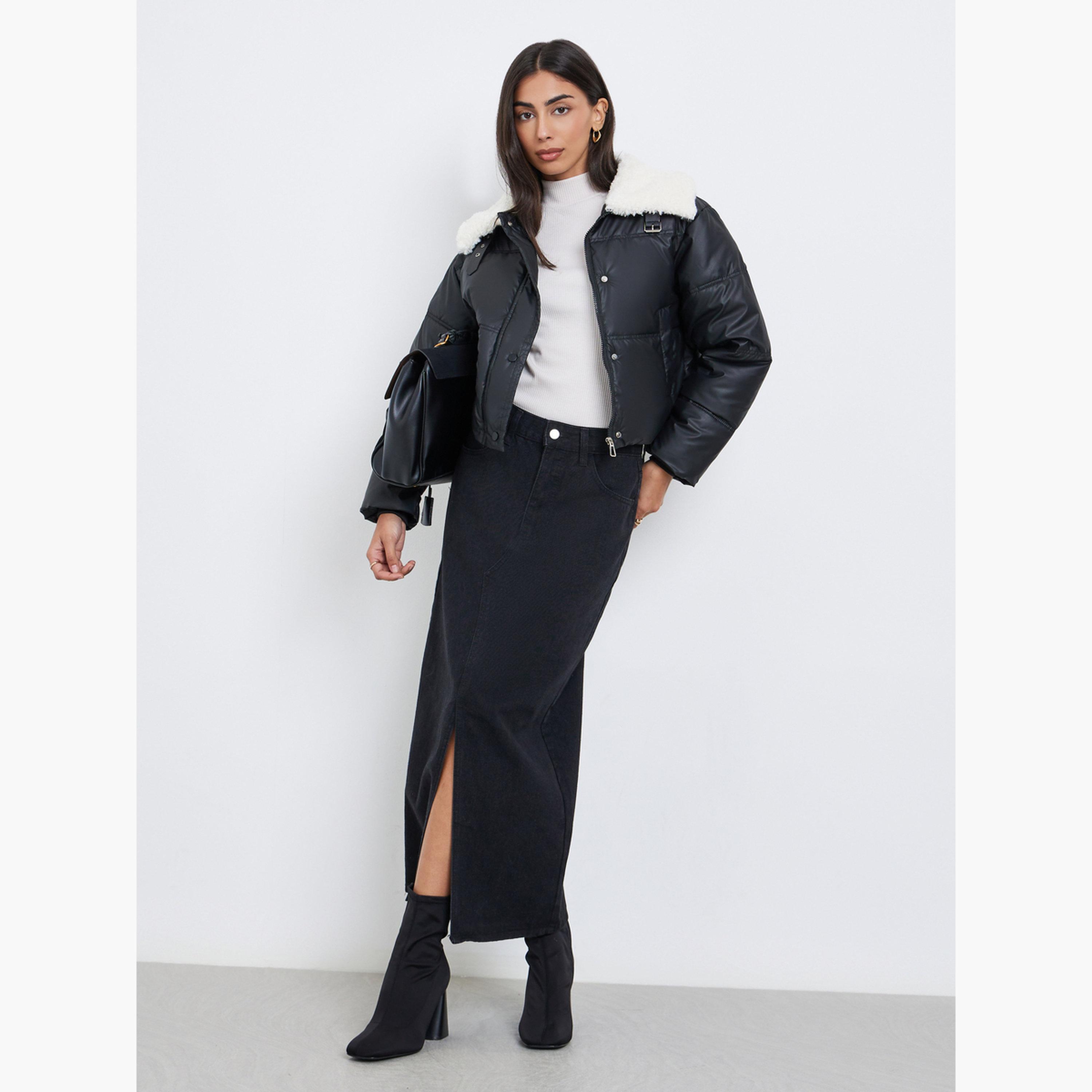 ستايلي - سترة سوداء مبطنة مع حواف من الفرو للنساء -women-winterwear-coatsandjackets-jackets-image-2