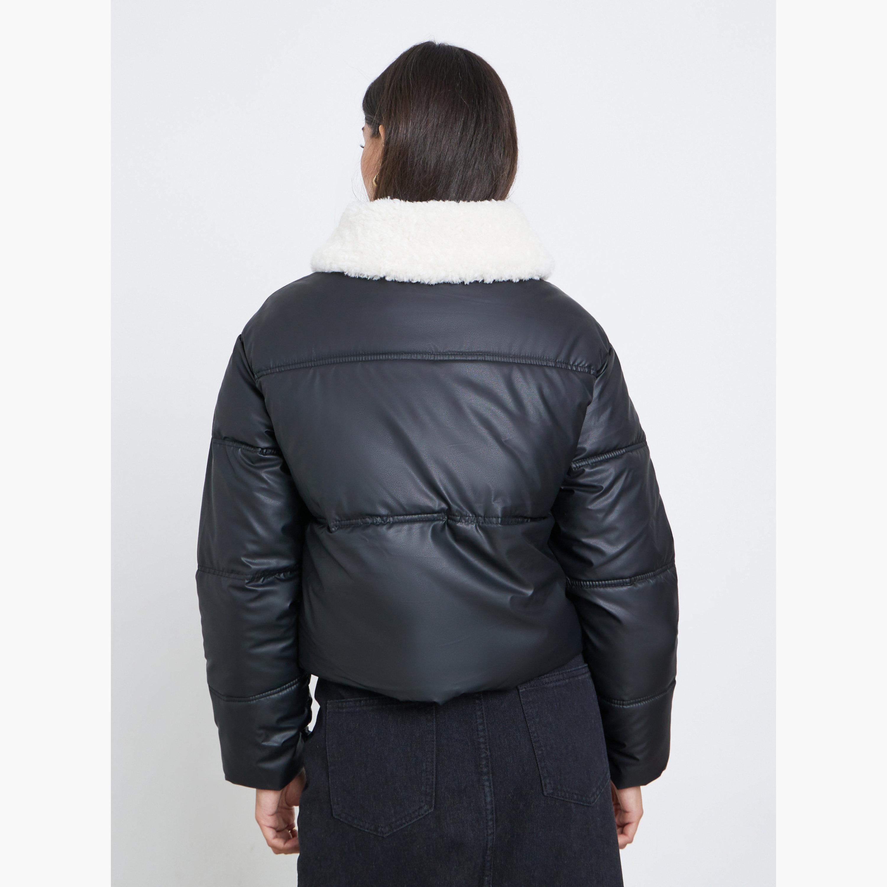 ستايلي - سترة سوداء مبطنة مع حواف من الفرو للنساء -women-winterwear-coatsandjackets-jackets-image-4
