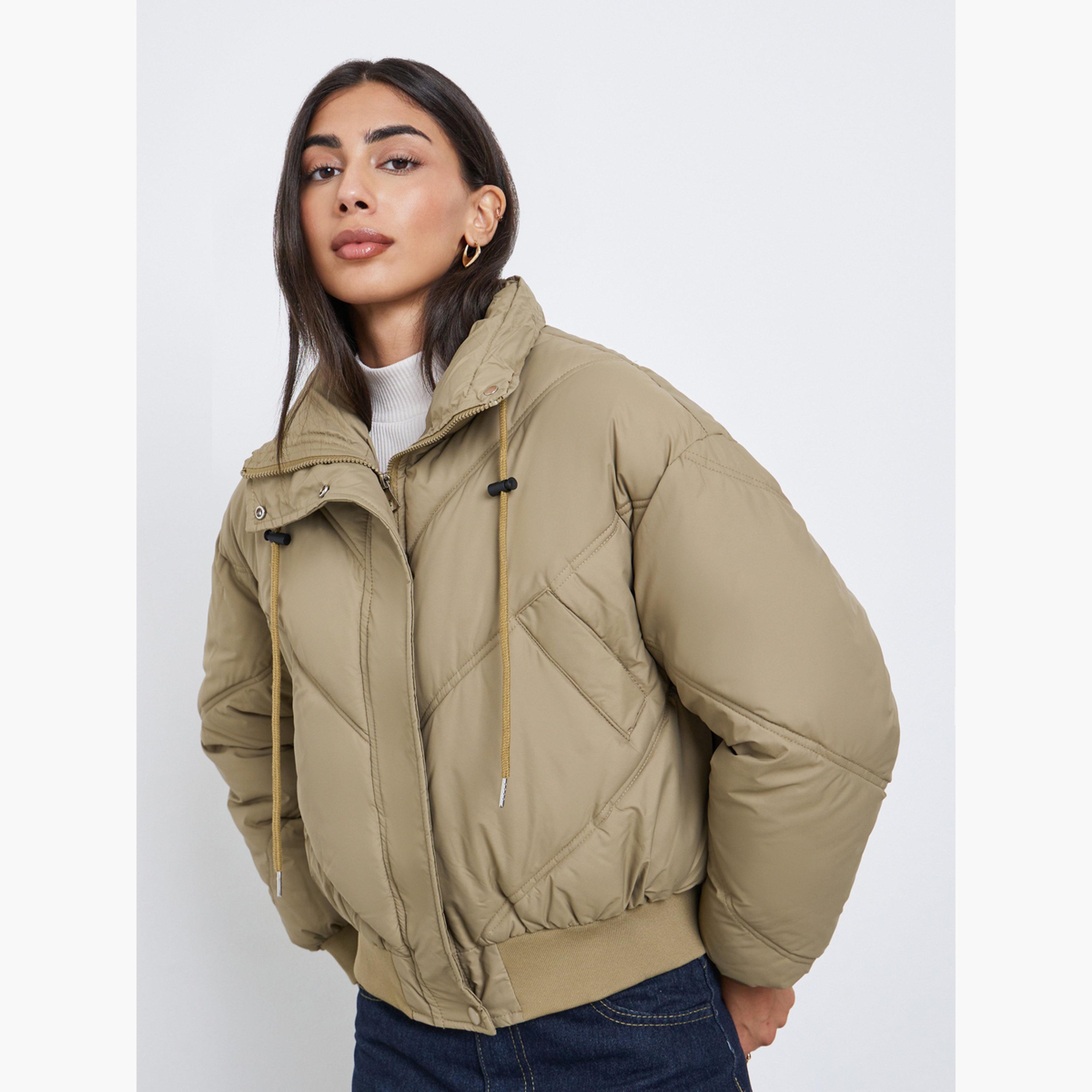Styli Solid High Neck Long Sleeves Women's Zip Through Padded Jacket-women-winterwear-coatsandjackets-jackets-image-1