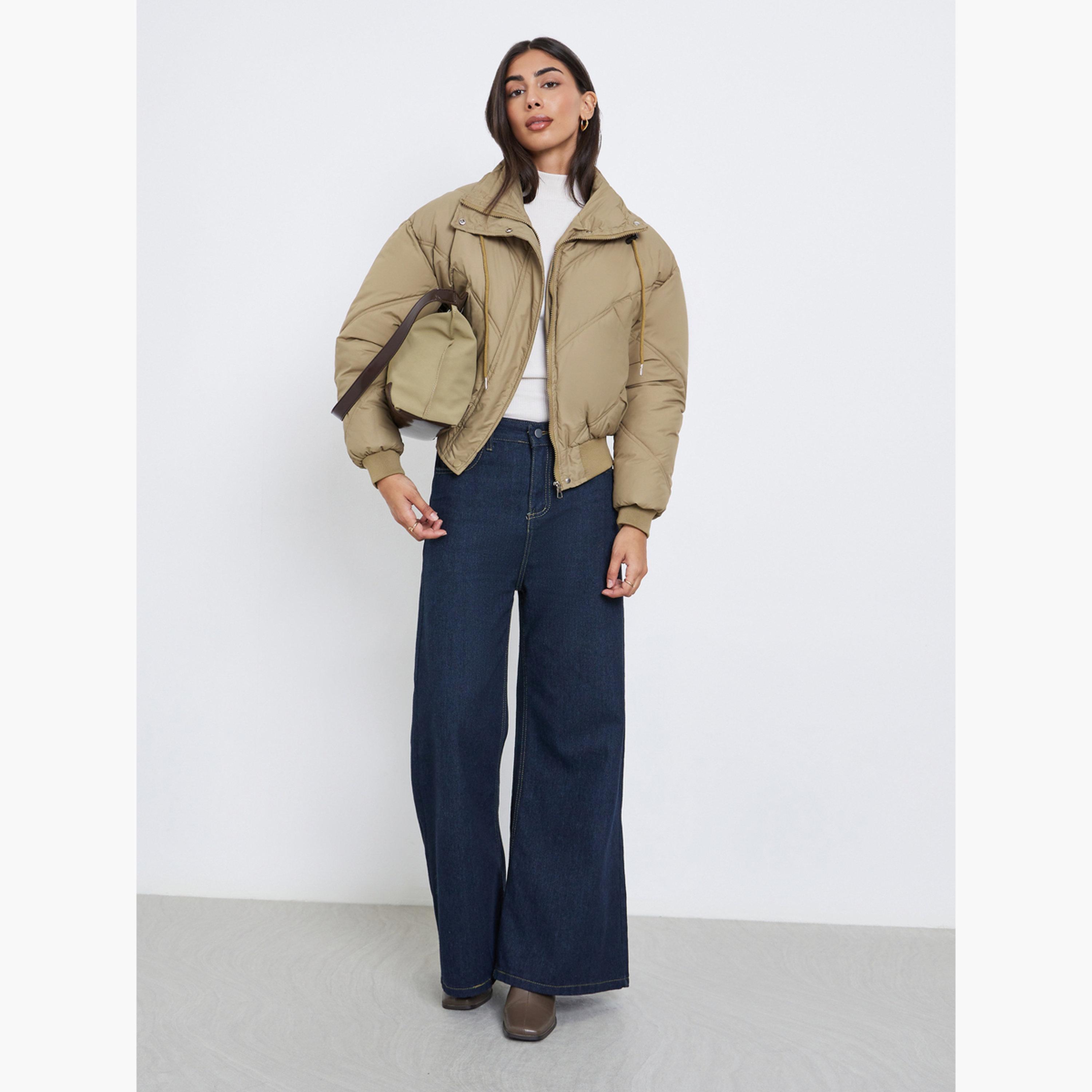 Styli Solid High Neck Long Sleeves Women's Zip Through Padded Jacket-women-winterwear-coatsandjackets-jackets-image-2