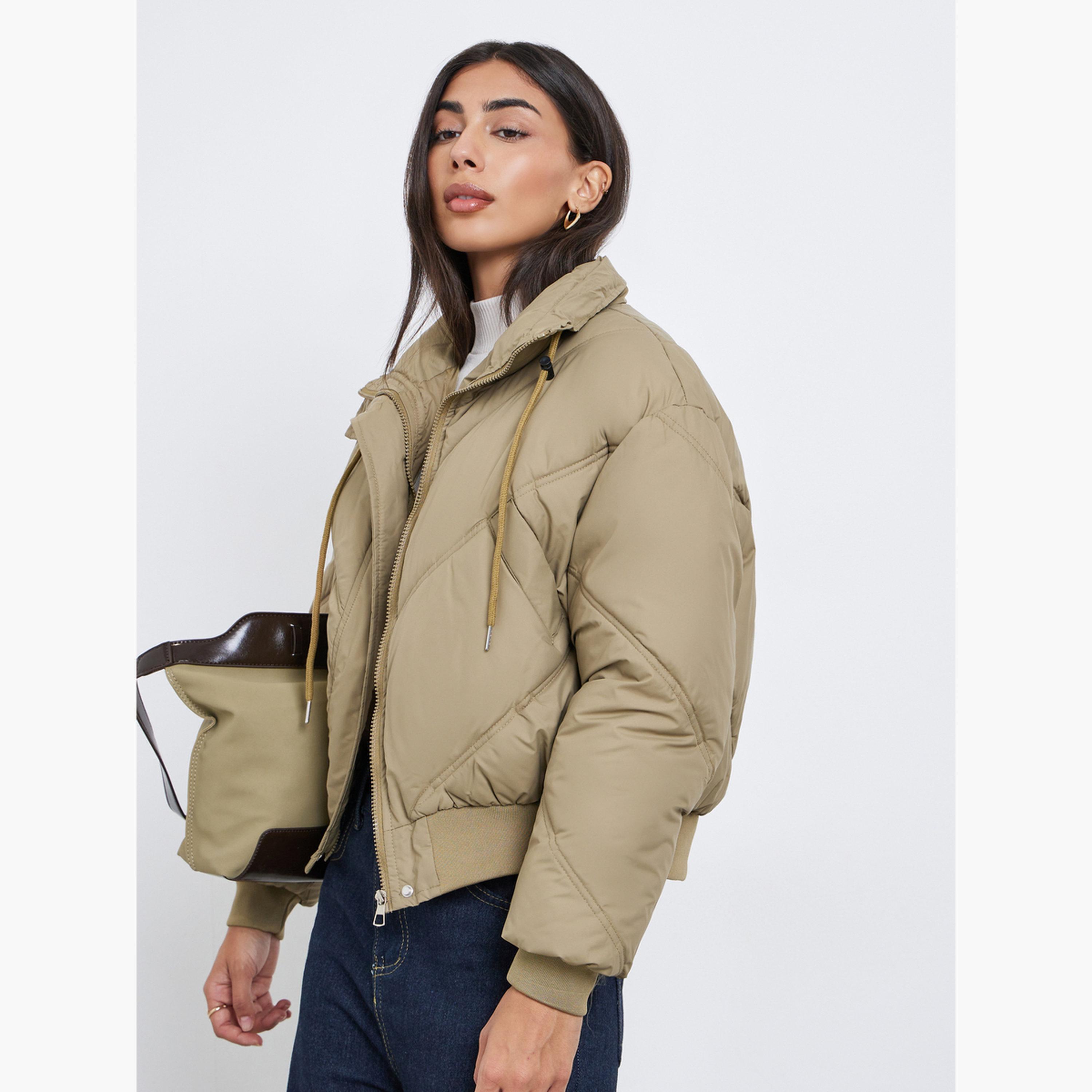 Styli Solid High Neck Long Sleeves Women's Zip Through Padded Jacket-women-winterwear-coatsandjackets-jackets-image-3