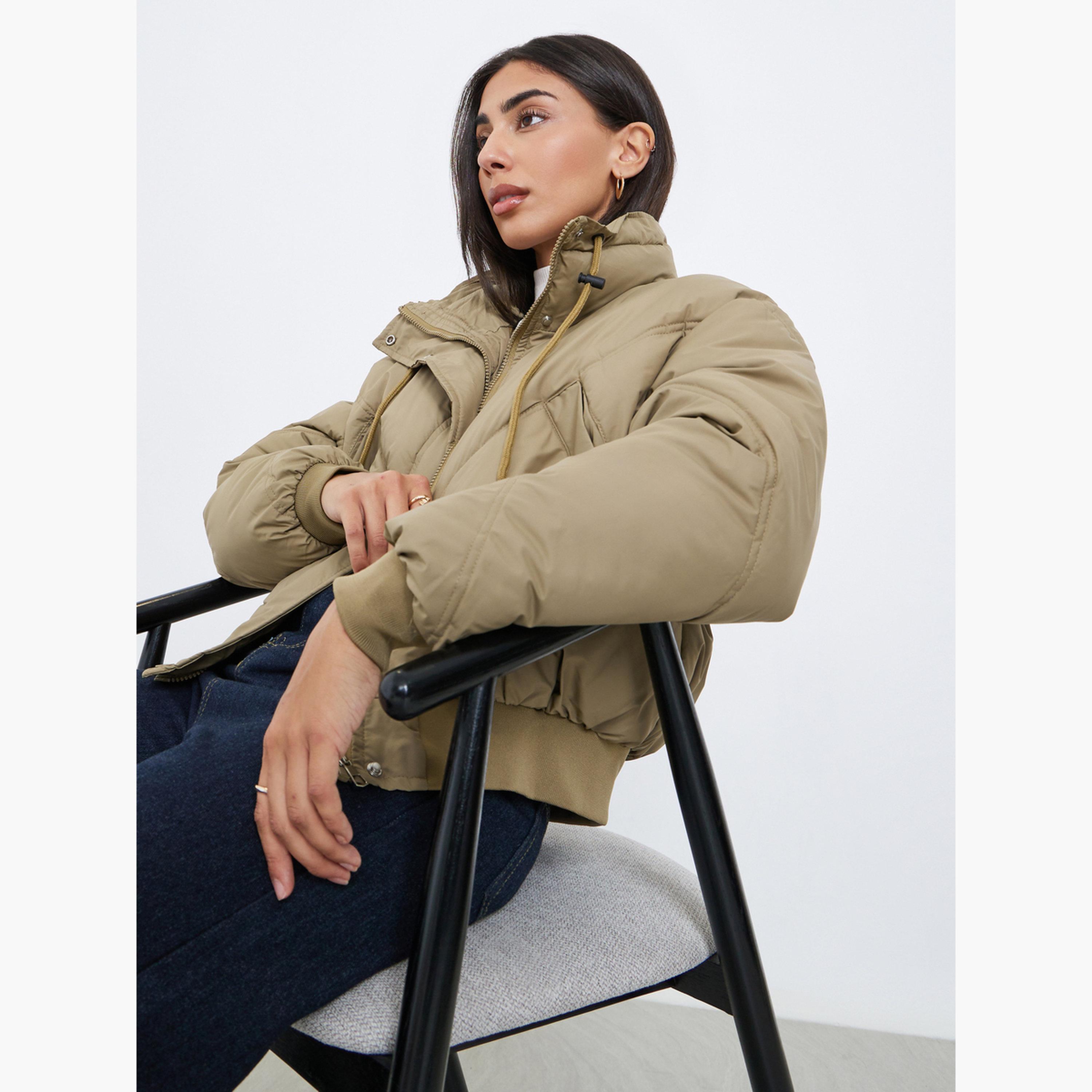 Styli Solid High Neck Long Sleeves Women's Zip Through Padded Jacket-women-winterwear-coatsandjackets-jackets-image-4