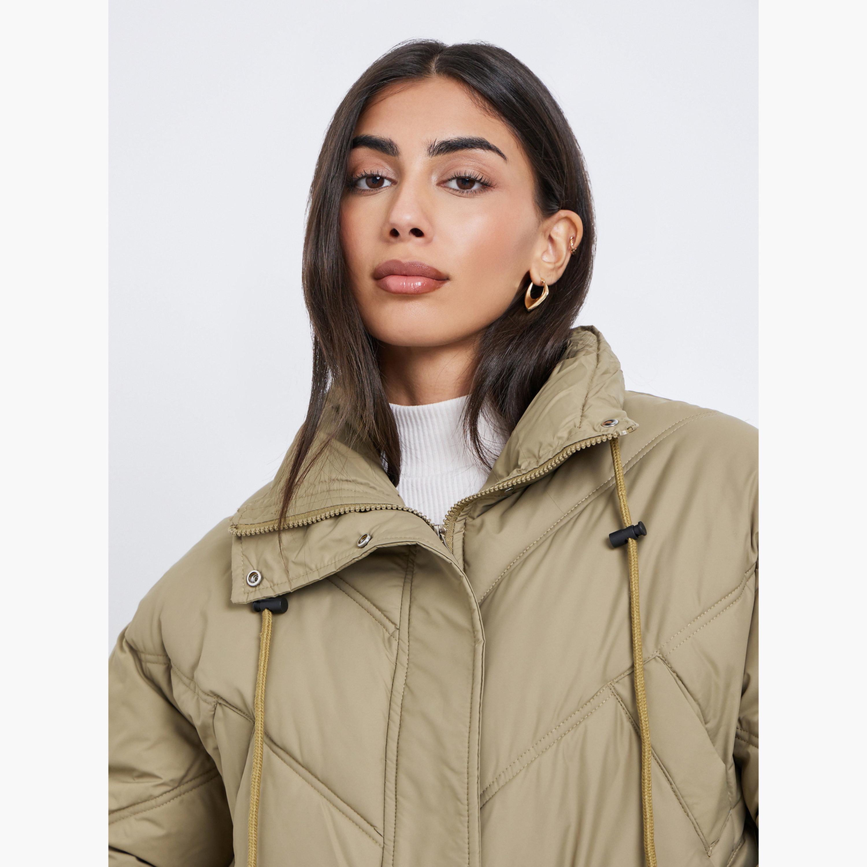 Styli Solid High Neck Long Sleeves Women's Zip Through Padded Jacket-women-winterwear-coatsandjackets-jackets-image-5