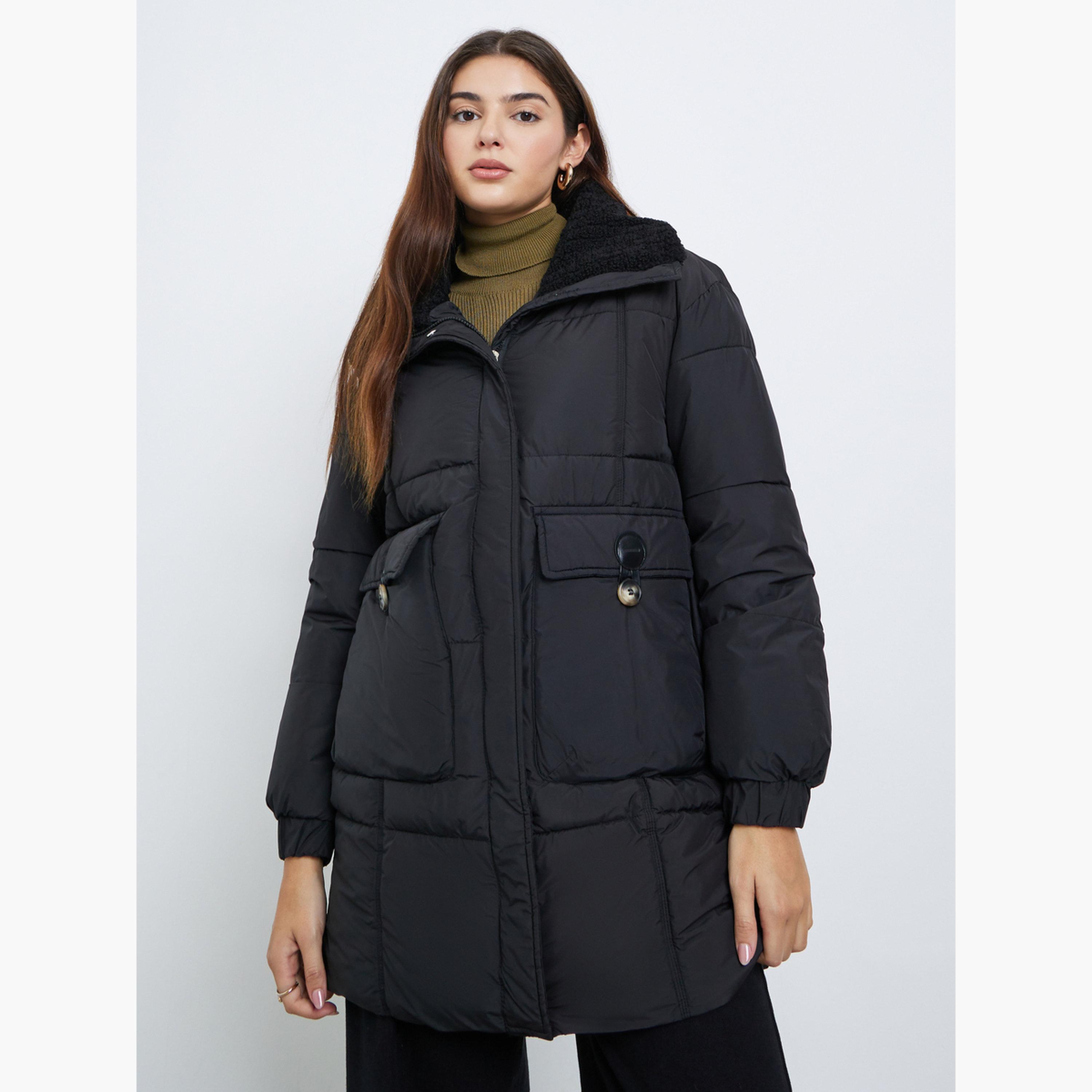 Styli Black Solid Collared Long Sleeves Women's Longline Padded Coat with Faux Fur Lining-women-clothing-coatsandjackets-coats-image-1