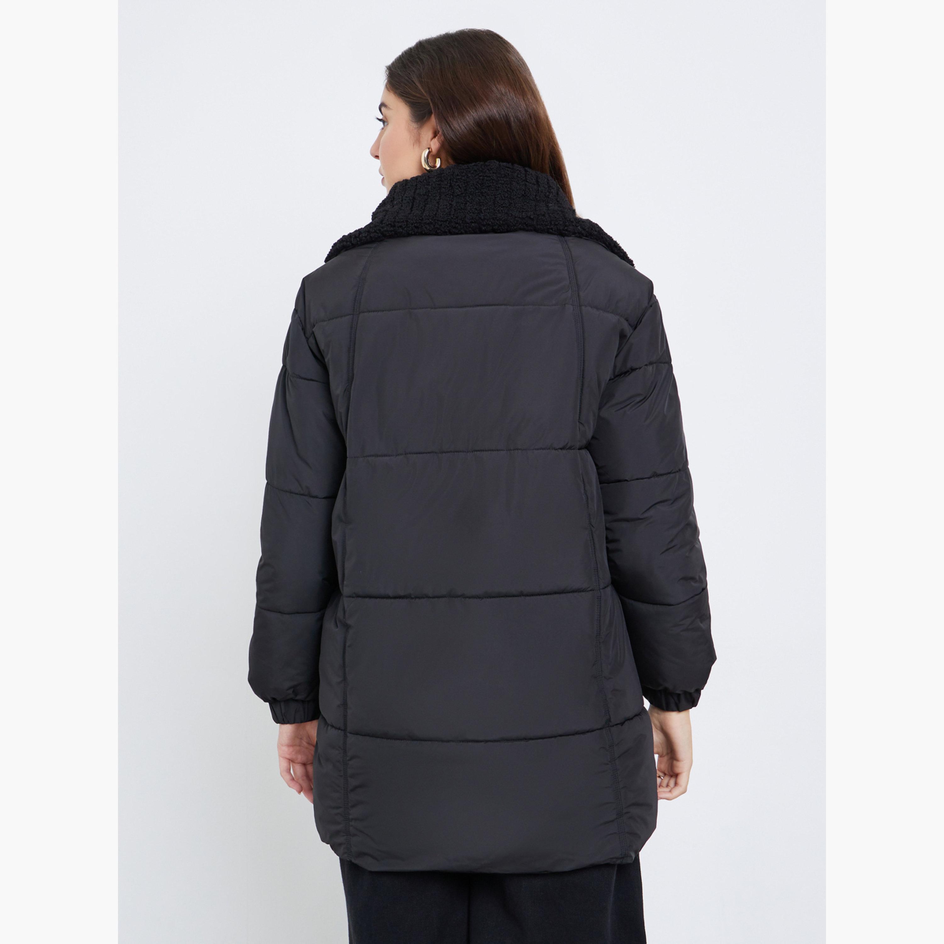 Styli Black Solid Collared Long Sleeves Women's Longline Padded Coat with Faux Fur Lining-women-clothing-coatsandjackets-coats-image-4