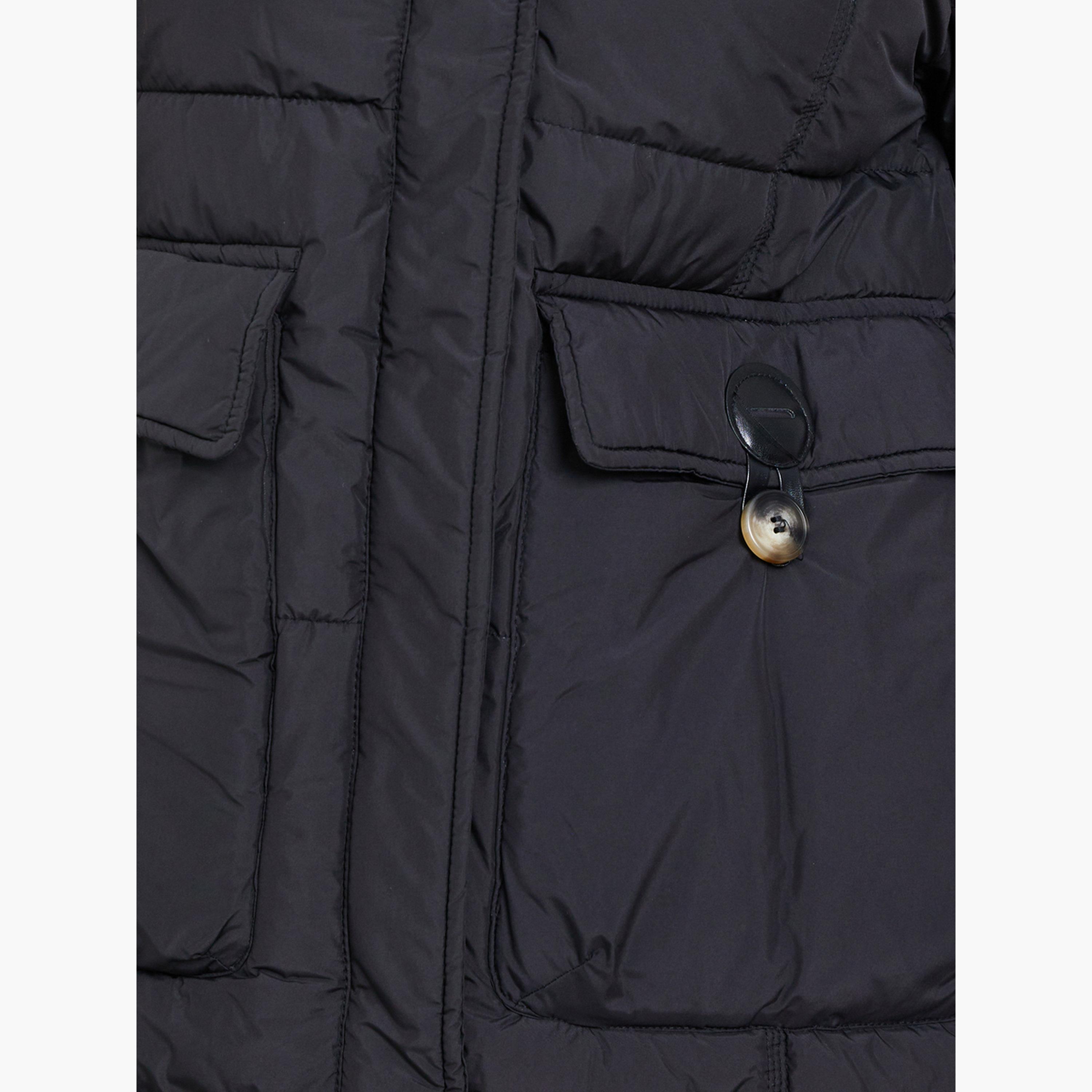 Styli Black Solid Collared Long Sleeves Women's Longline Padded Coat with Faux Fur Lining-women-clothing-coatsandjackets-coats-image-5