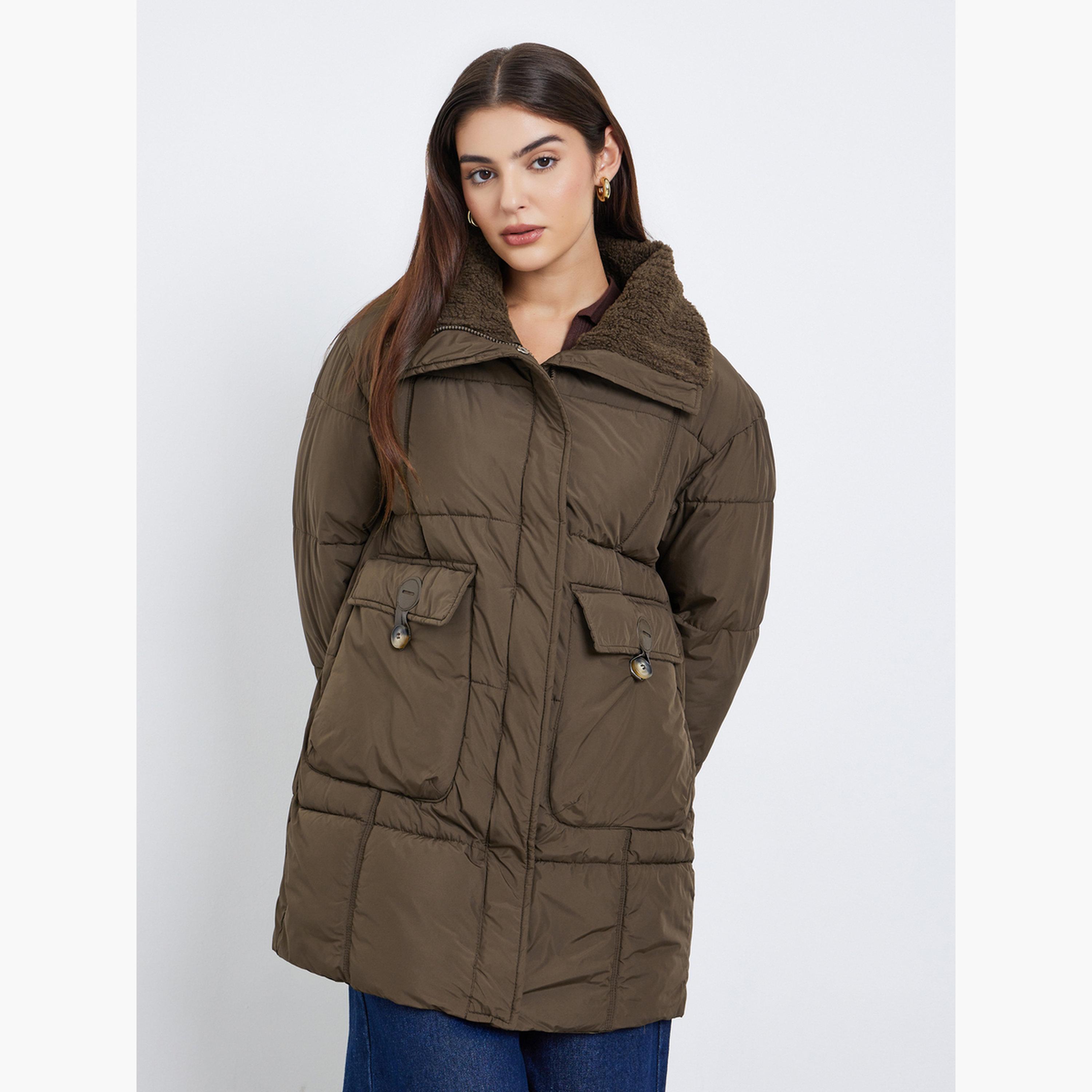 Styli Black Solid Collared Long Sleeves Women's Longline Padded Coat with Faux Fur Lining-women-clothing-coatsandjackets-coats-image-1