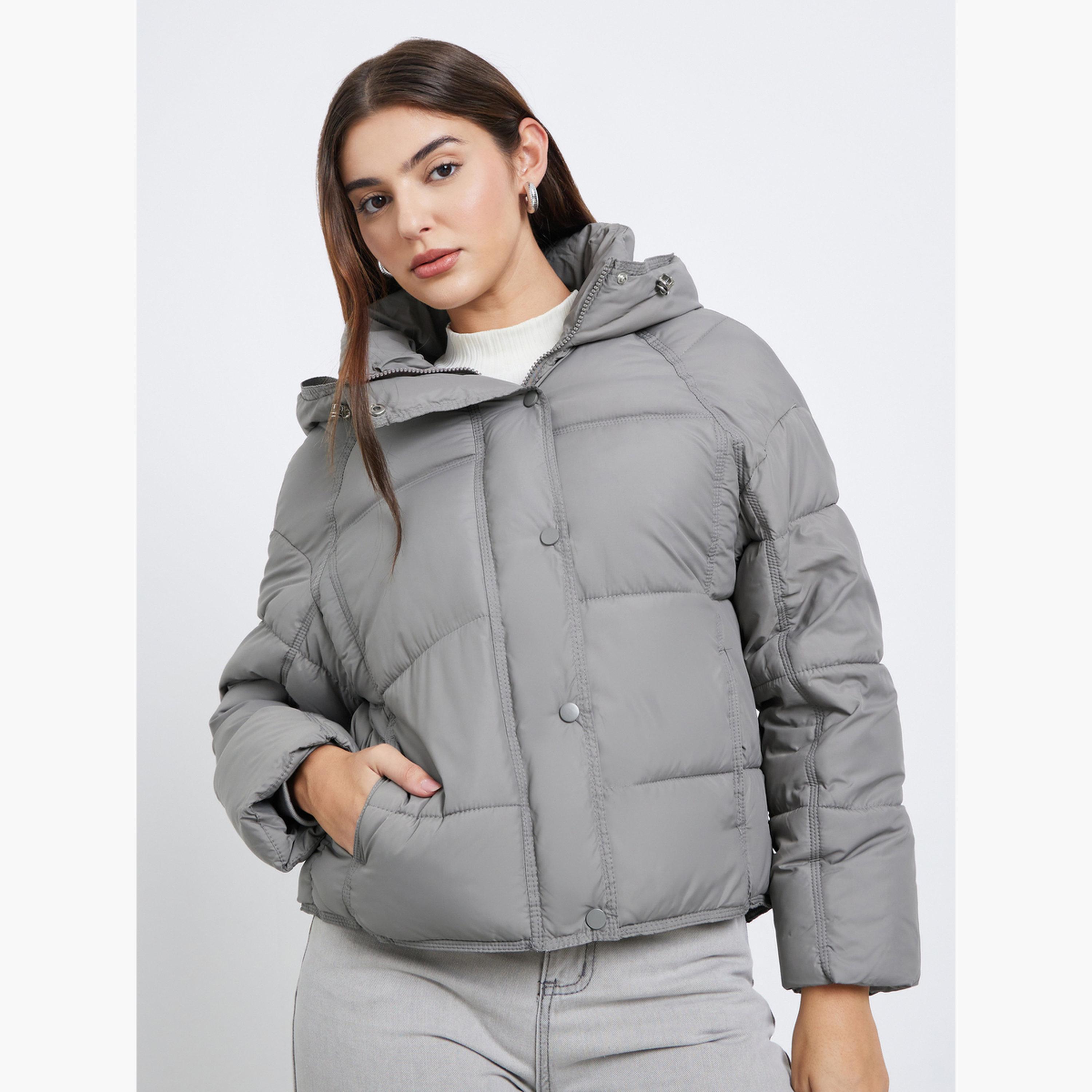 Styli Grey Solid Regular Fit Hooded Long Sleeves Women's Snap Button Padded Coat-women-winterwear-coatsandjackets-jackets-image-1