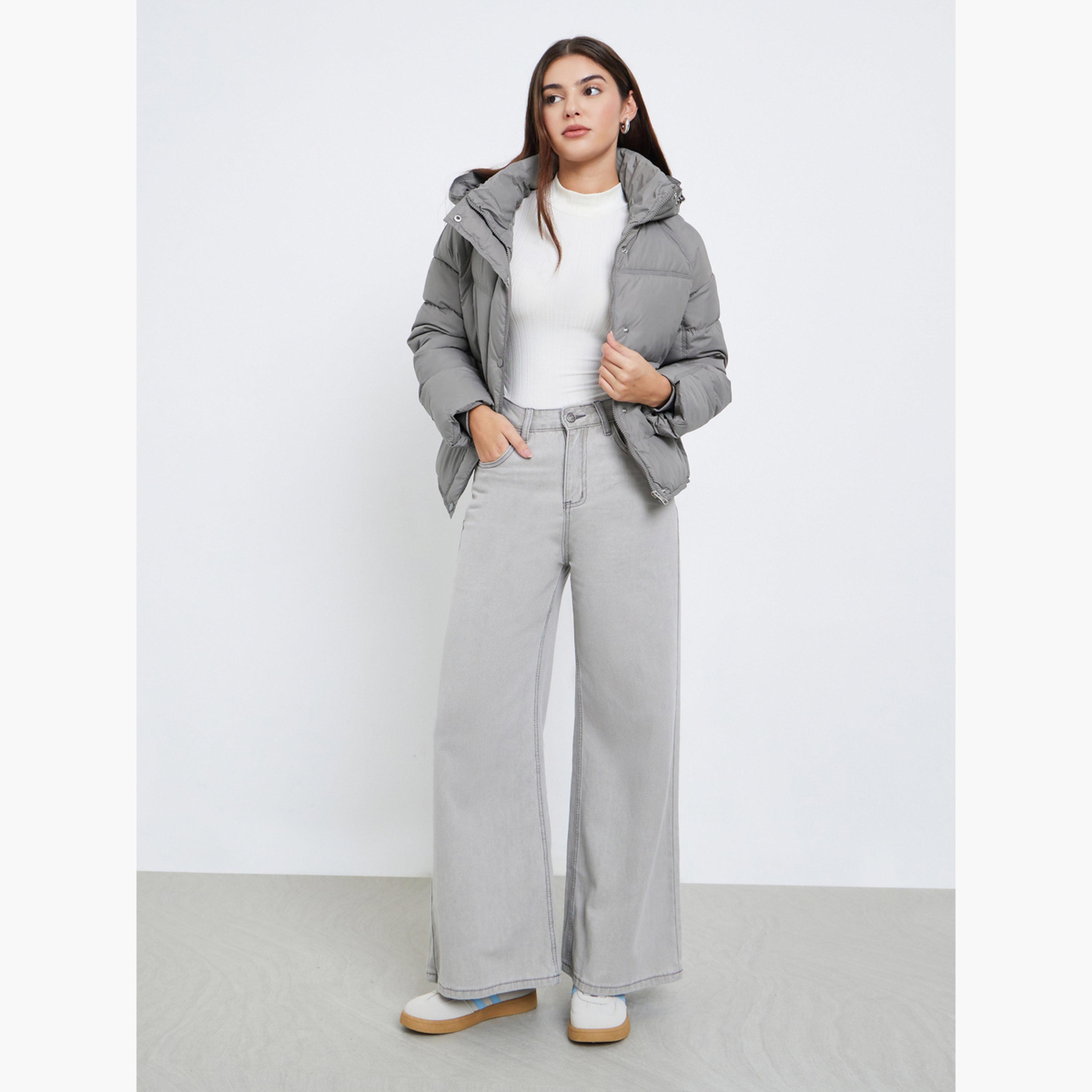 Styli Grey Solid Regular Fit Hooded Long Sleeves Women's Snap Button Padded Coat-women-winterwear-coatsandjackets-jackets-image-2