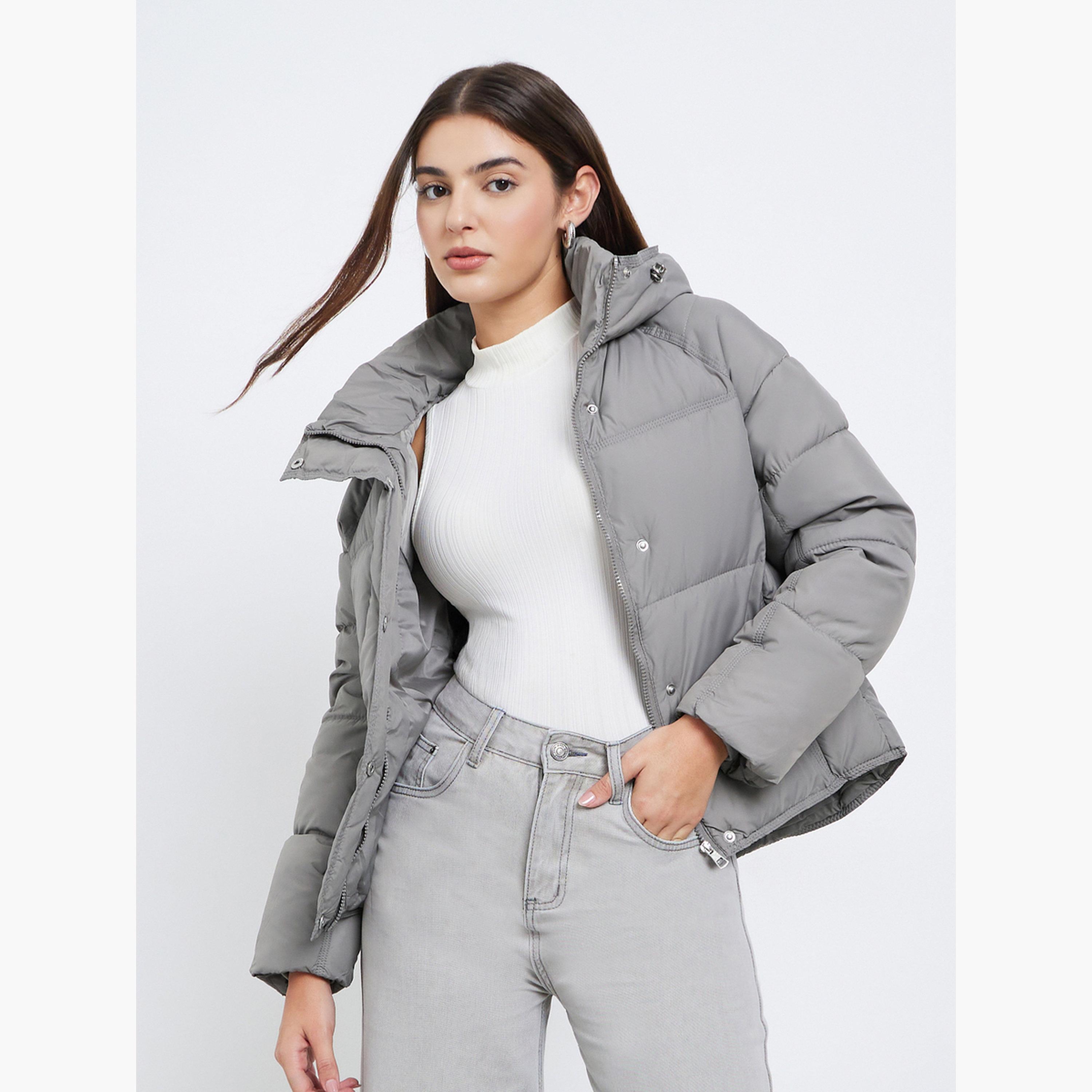 Styli Grey Solid Regular Fit Hooded Long Sleeves Women's Snap Button Padded Coat-women-winterwear-coatsandjackets-jackets-image-3