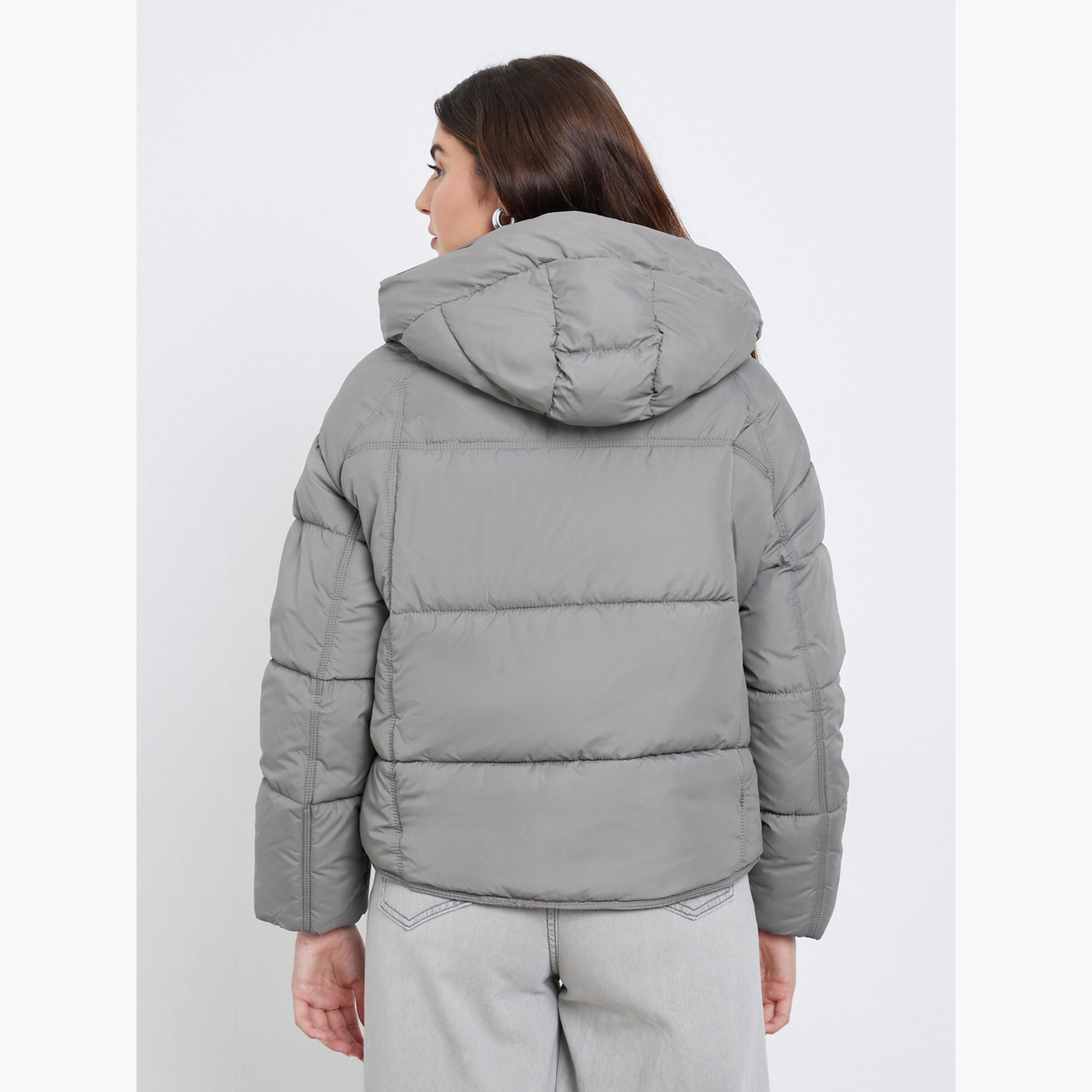 Styli Grey Solid Regular Fit Hooded Long Sleeves Women's Snap Button Padded Coat-women-winterwear-coatsandjackets-jackets-image-4