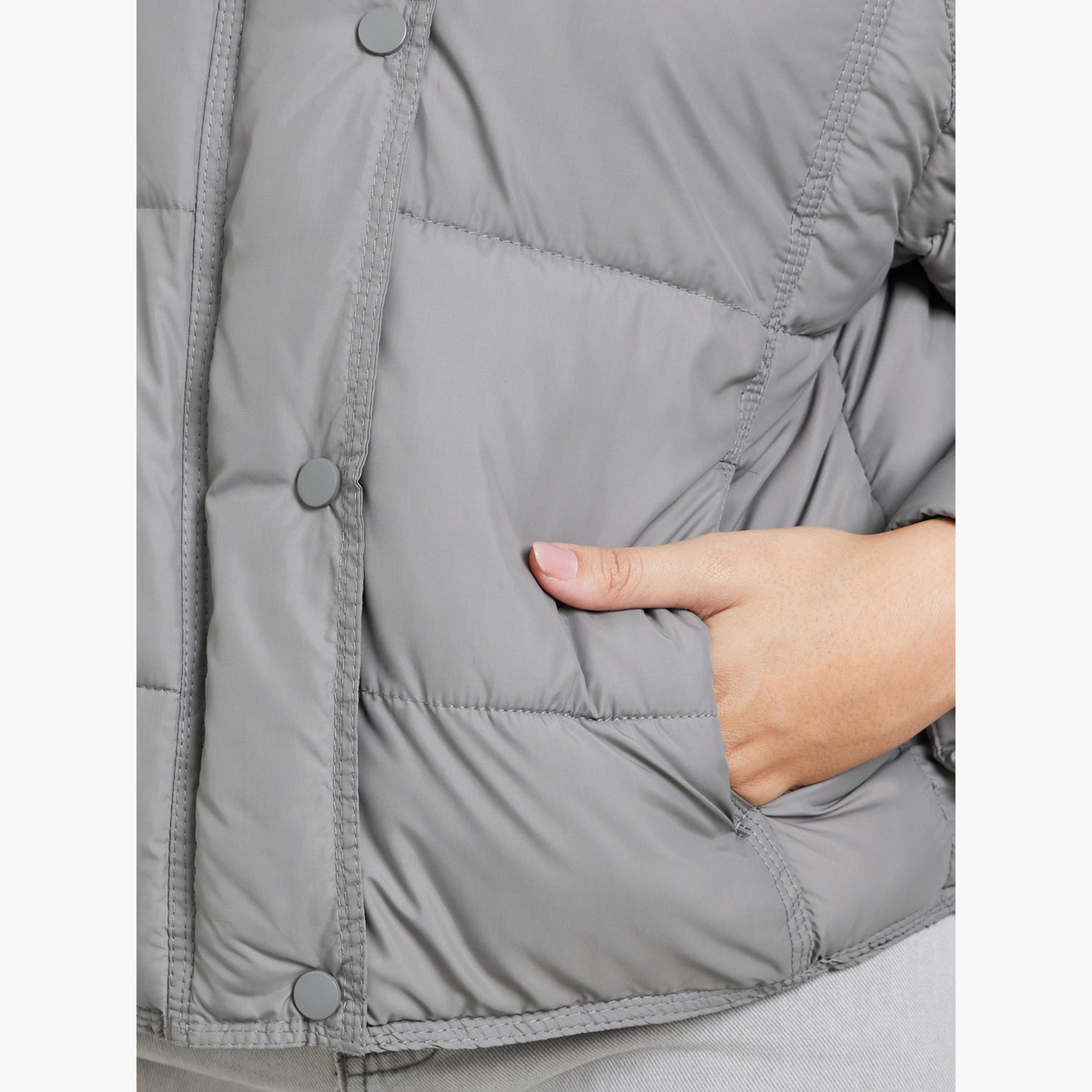 Styli Grey Solid Regular Fit Hooded Long Sleeves Women's Snap Button Padded Coat-women-winterwear-coatsandjackets-jackets-image-5