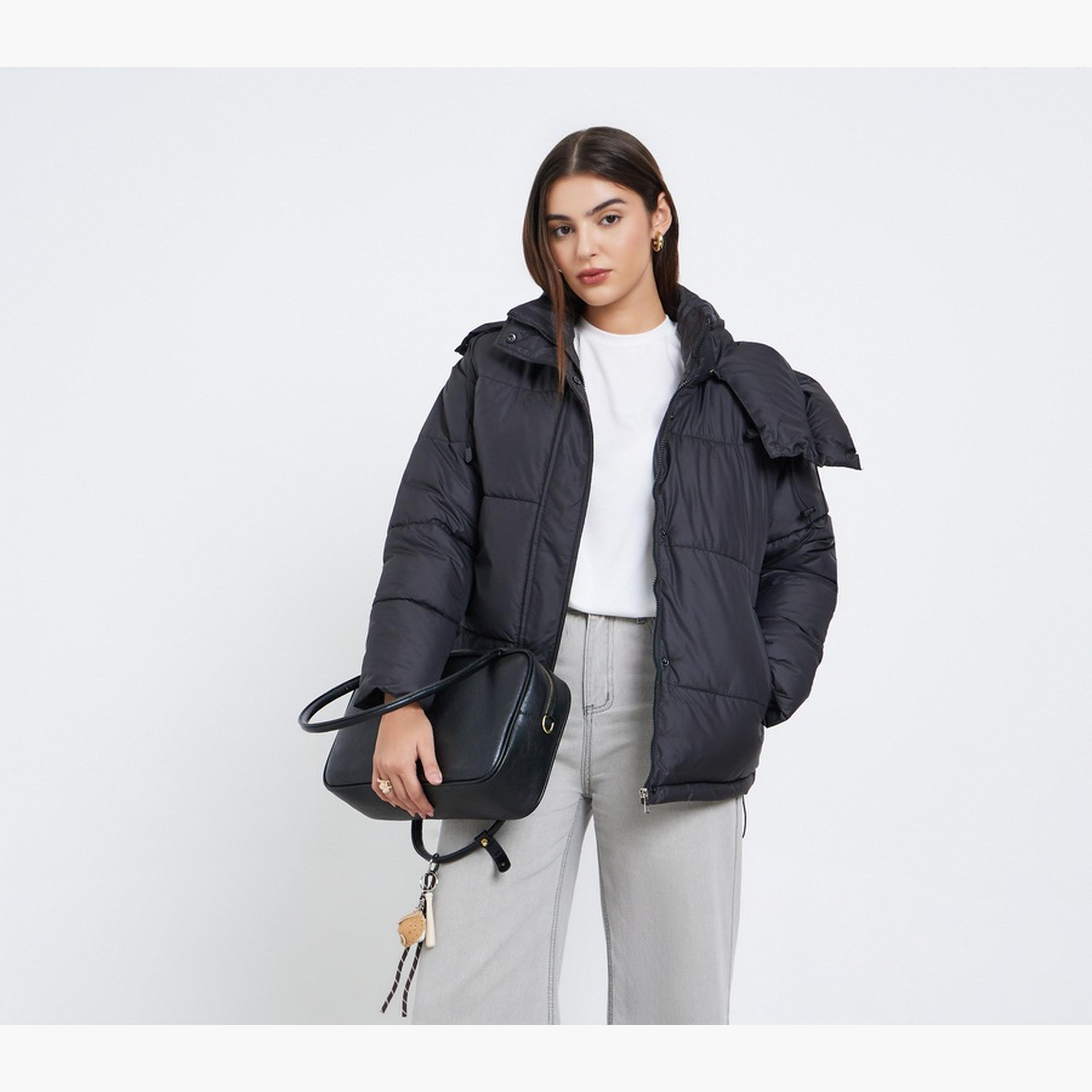 Styli Solid High Neck Long Sleeves Women's Zip Through Padded Jacket-women-winterwear-coatsandjackets-jackets-image-1
