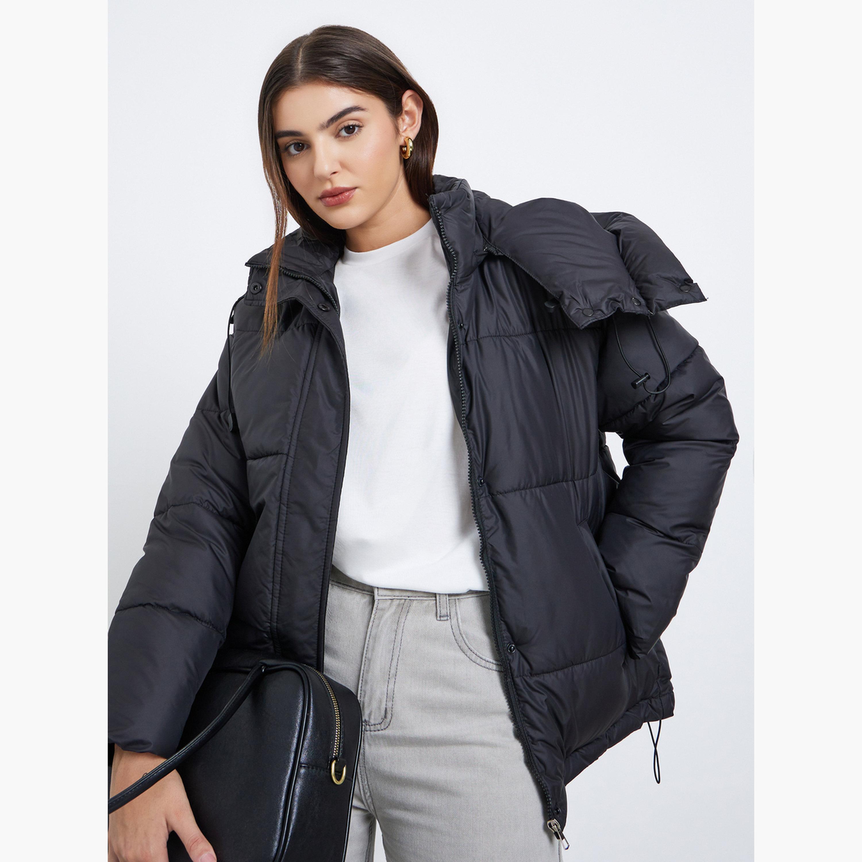Styli Solid High Neck Long Sleeves Women's Zip Through Padded Jacket-women-winterwear-coatsandjackets-jackets-image-2