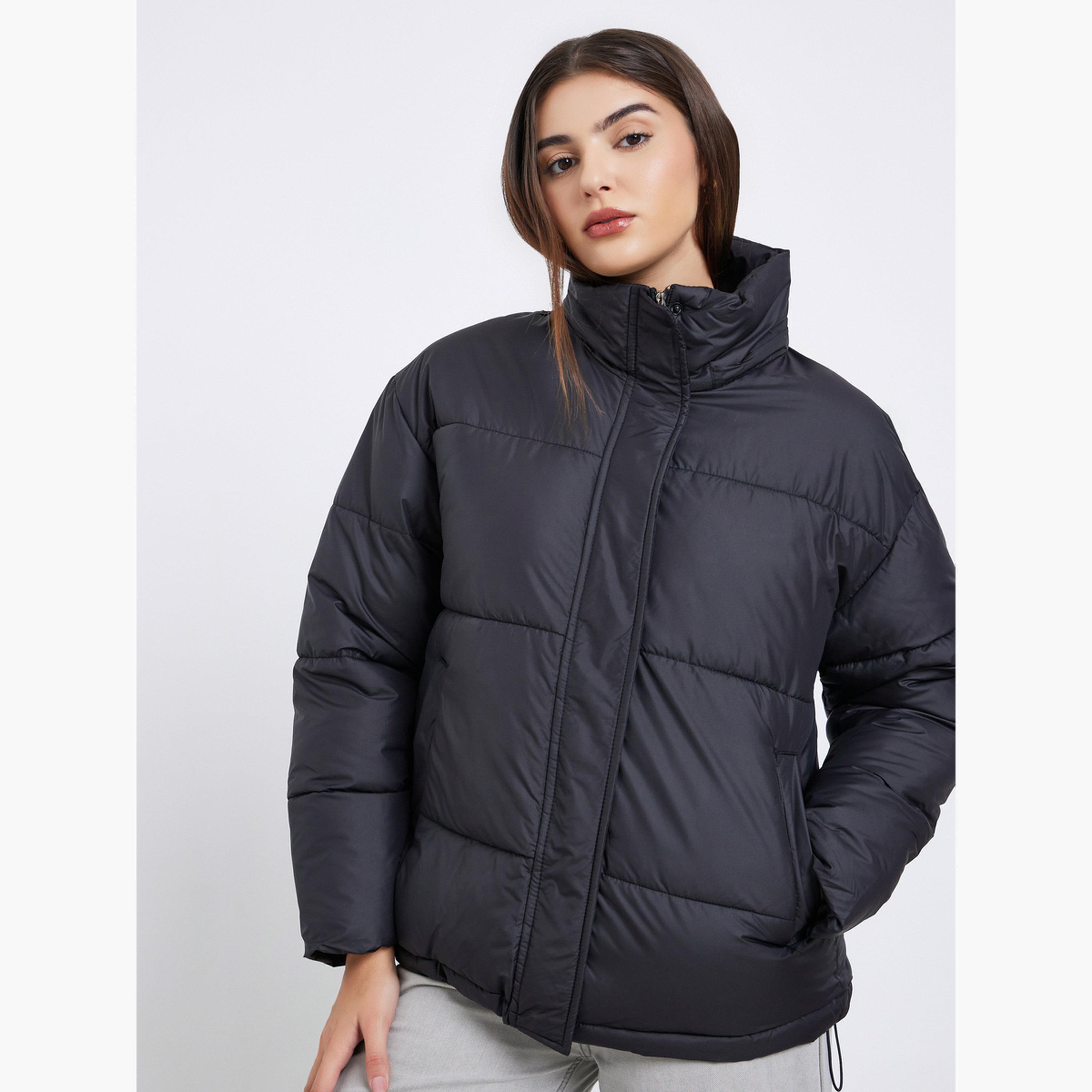 Styli Solid High Neck Long Sleeves Women's Zip Through Padded Jacket-women-winterwear-coatsandjackets-jackets-image-3