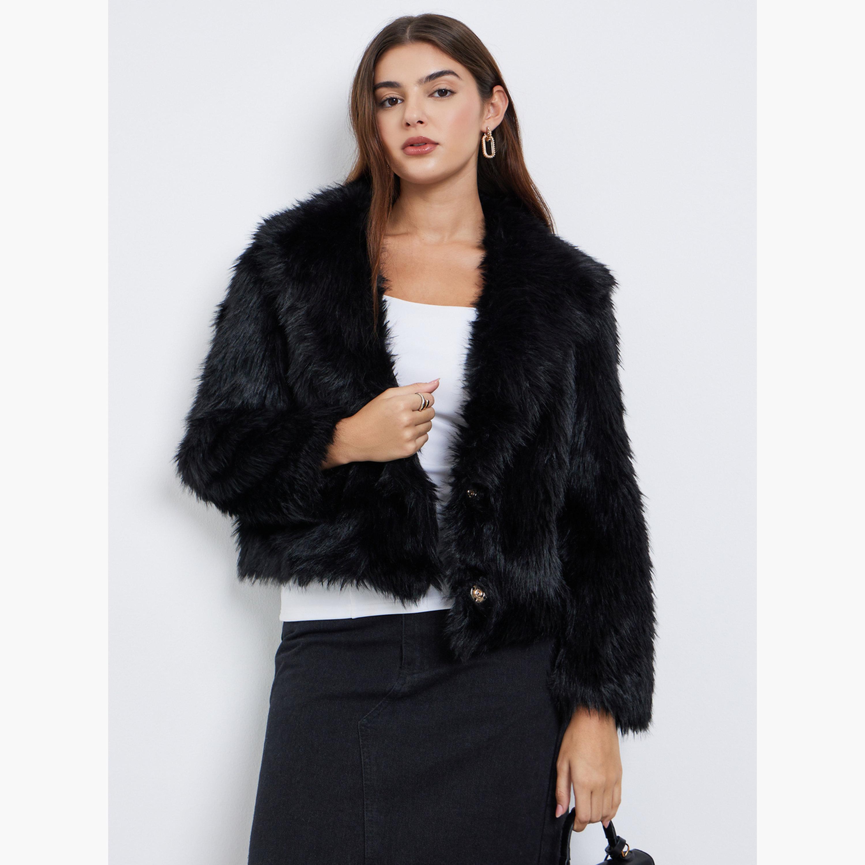 ستايلي - جاكيت قصير من الفرو الصناعي باللون الأسود بقصّة عادية للنساء -women-winterwear-coatsandjackets-jackets-image-1