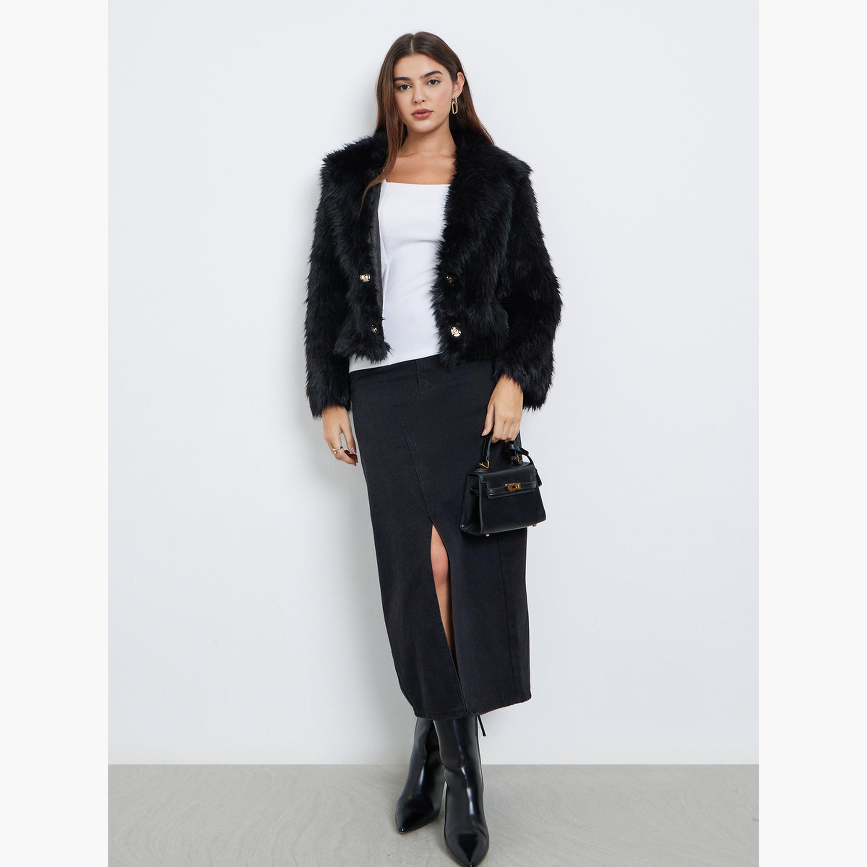 ستايلي - جاكيت قصير من الفرو الصناعي باللون الأسود بقصّة عادية للنساء -women-winterwear-coatsandjackets-jackets-image-2