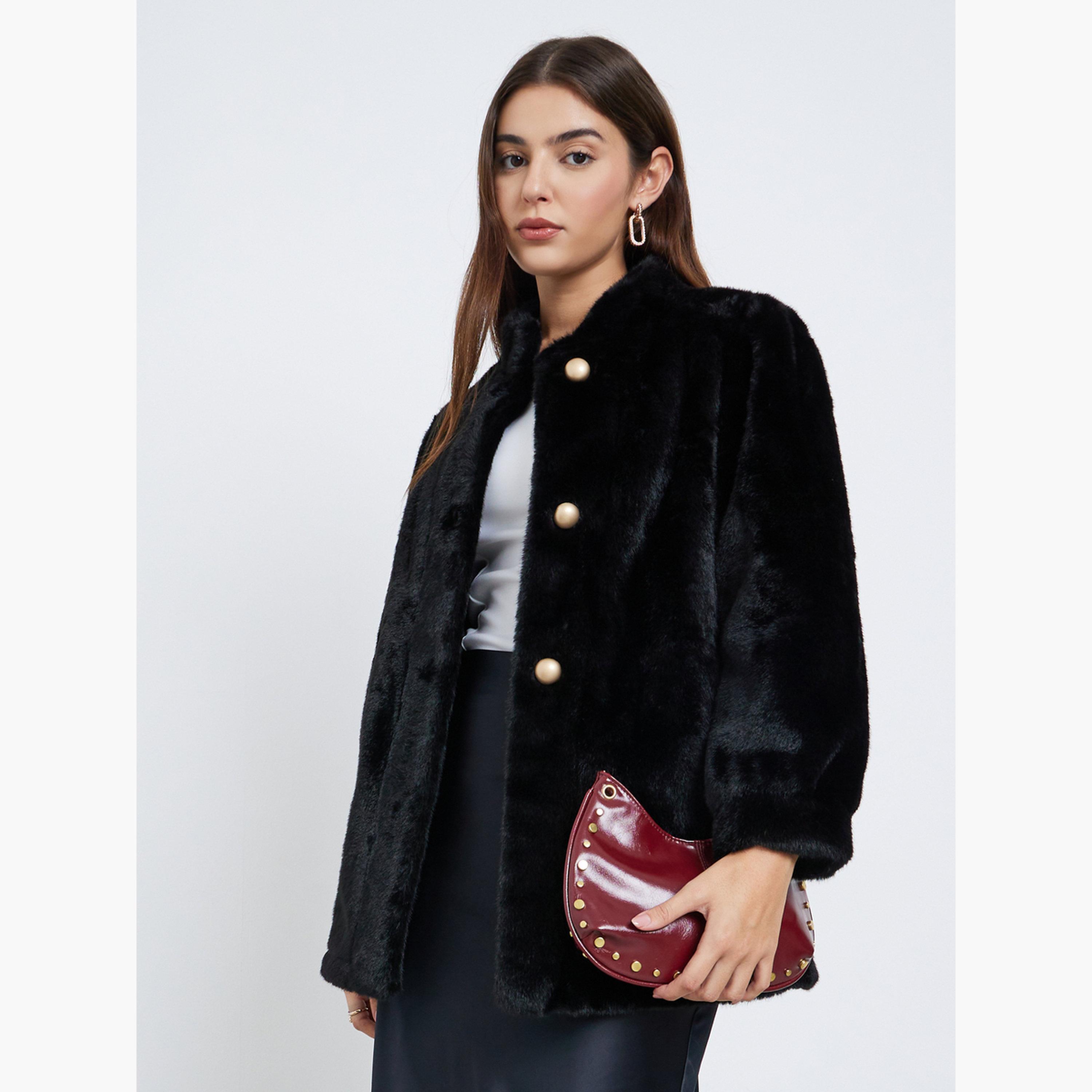 ستايلي - معطف طويل من الفرو الصناعي باللون الأسود للنساء -women-winterwear-coatsandjackets-coats-image-1